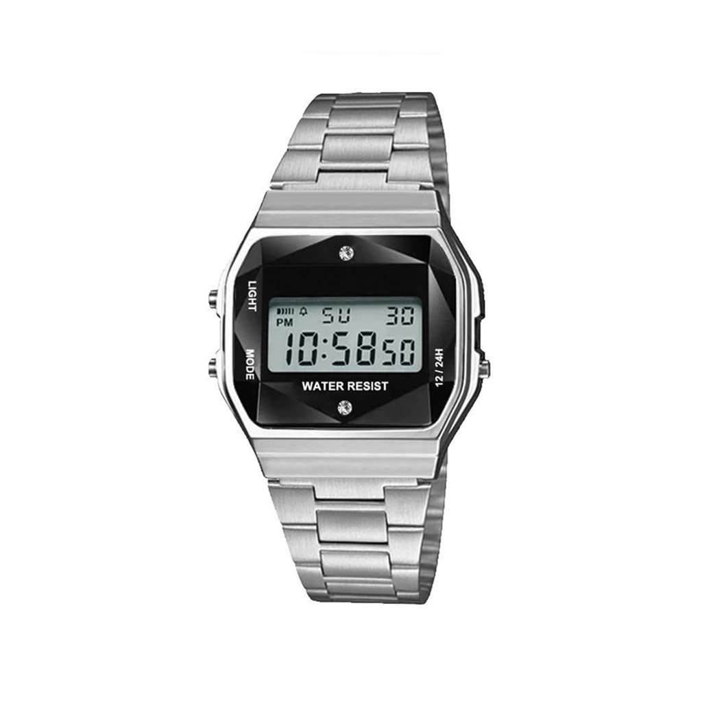 Downey Silver Sports Metal Band Watch featuring a silver metal case and black crystal cut LCD display.