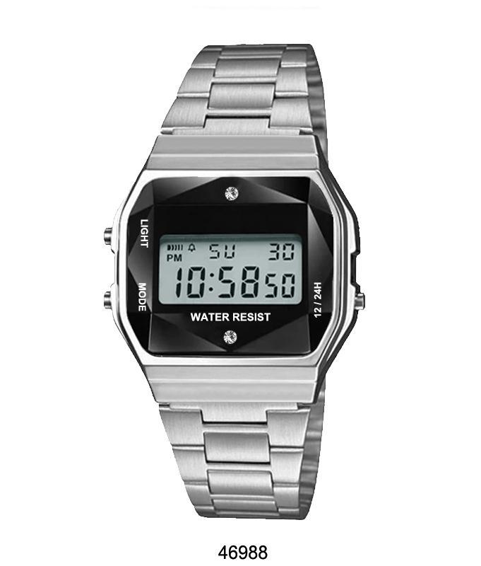 Downey Silver Sports Metal Band Watch featuring a silver metal case and black crystal cut LCD display.