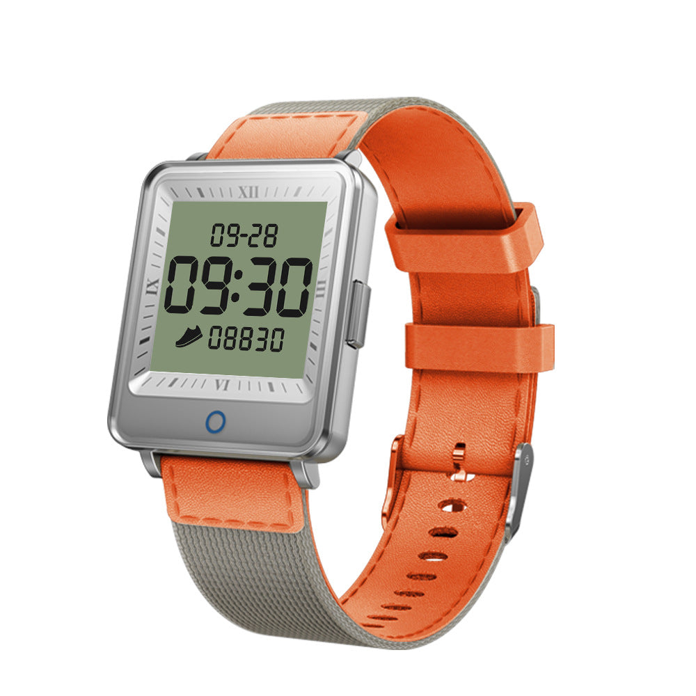 Dual-screen display smart bracelet in black and orange, showcasing health monitoring features.