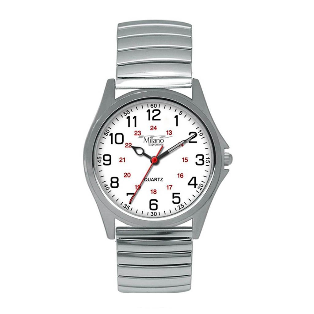 Easton M Milano Expressions Silver Flex Band Watch featuring a white dial and stainless steel band, showcasing elegance and durability.