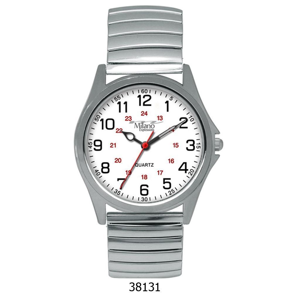 Easton M Milano Expressions Silver Flex Band Watch featuring a white dial and stainless steel band, showcasing elegance and durability.