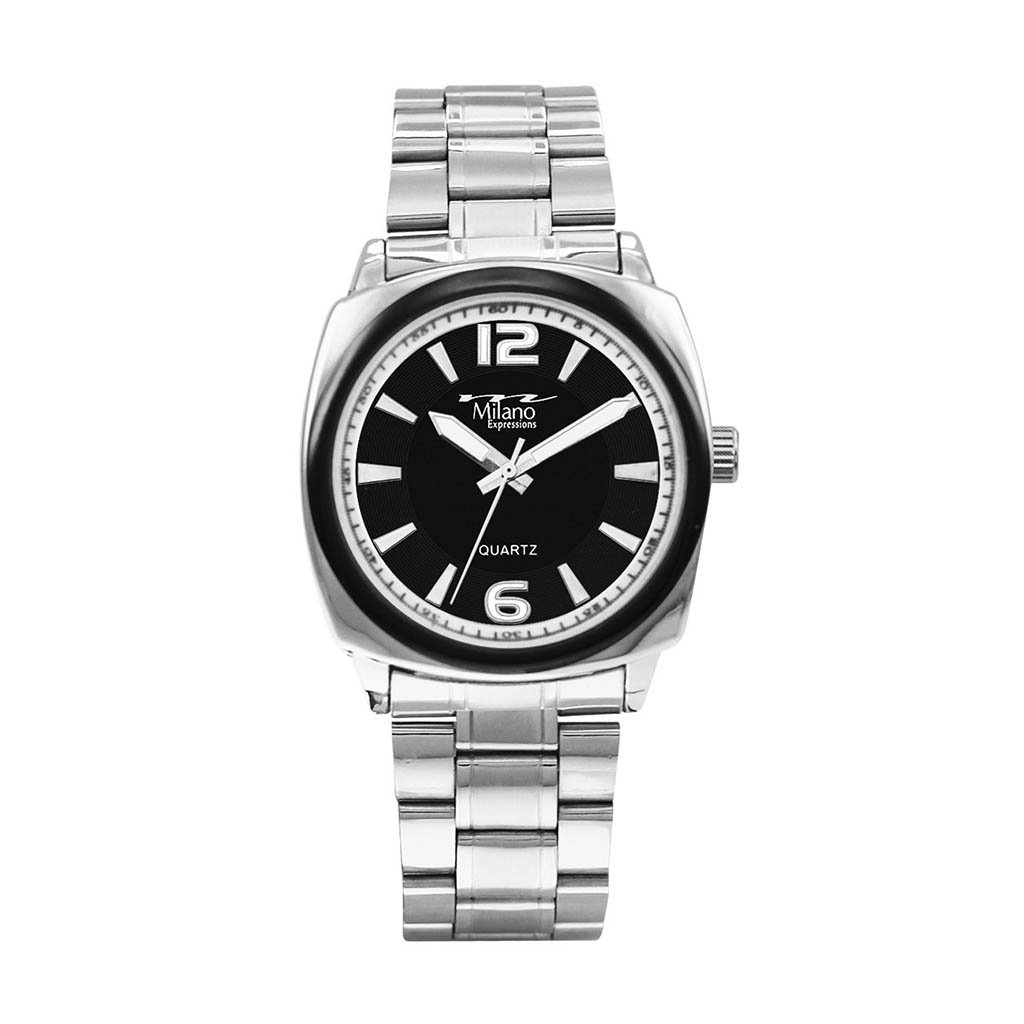 Elmira Silver Metal Band Watch featuring a sleek black dial and alloy case, perfect for stylish timekeeping.