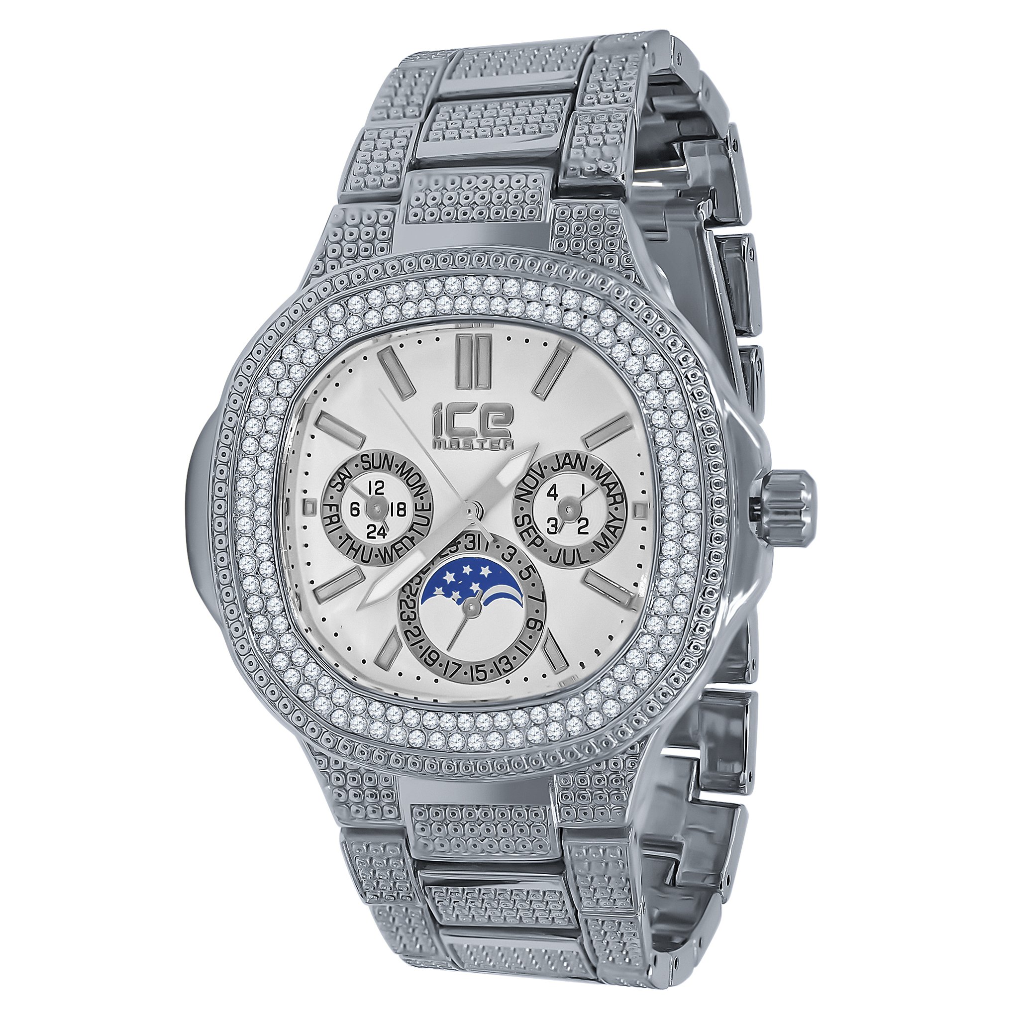 ENTHRAL Hip Hop Metal Watch featuring a bling design with CZ stones on the bezel and strap, showcasing elegance and style.