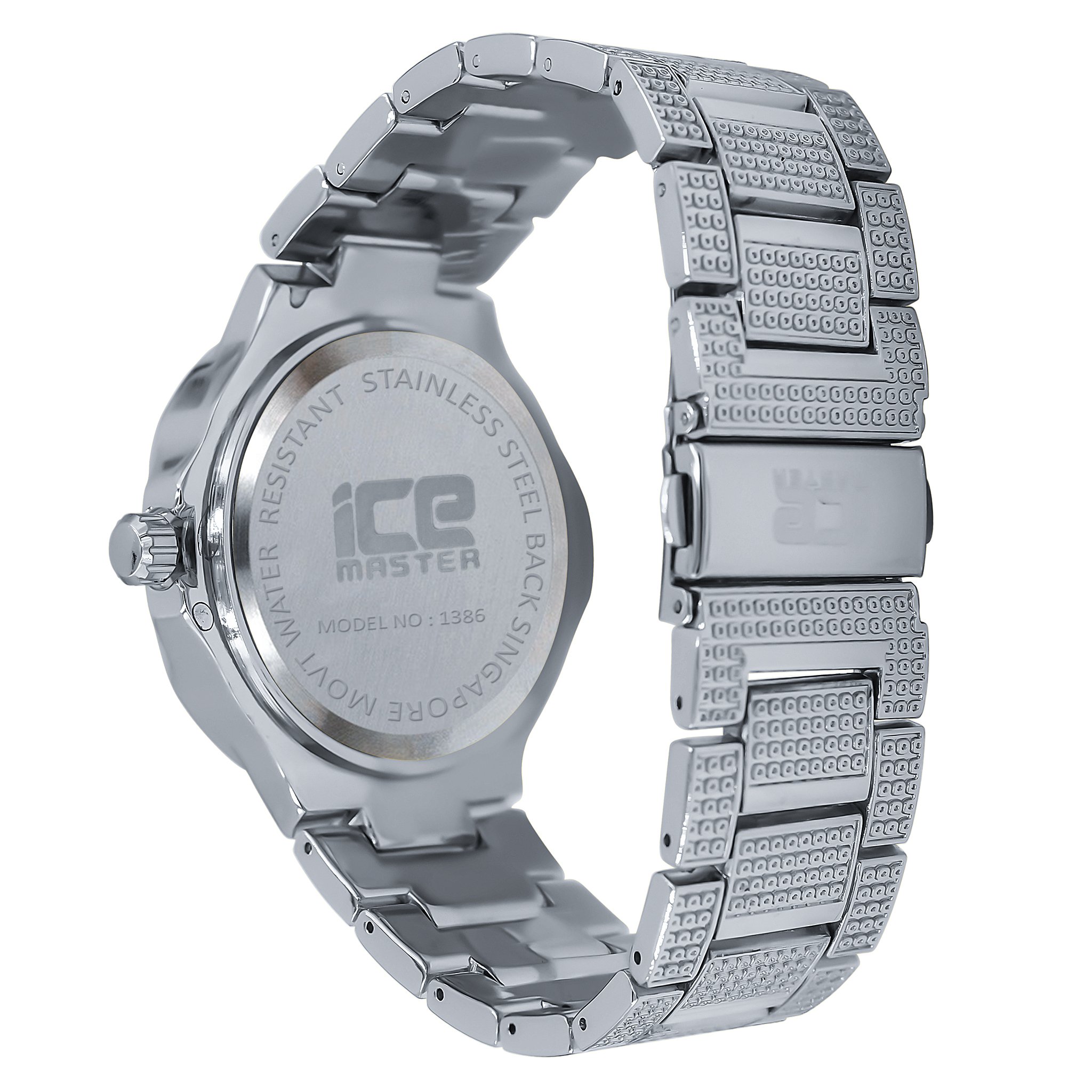 ENTHRAL Hip Hop Metal Watch featuring a bling design with CZ stones on the bezel and strap, showcasing elegance and style.