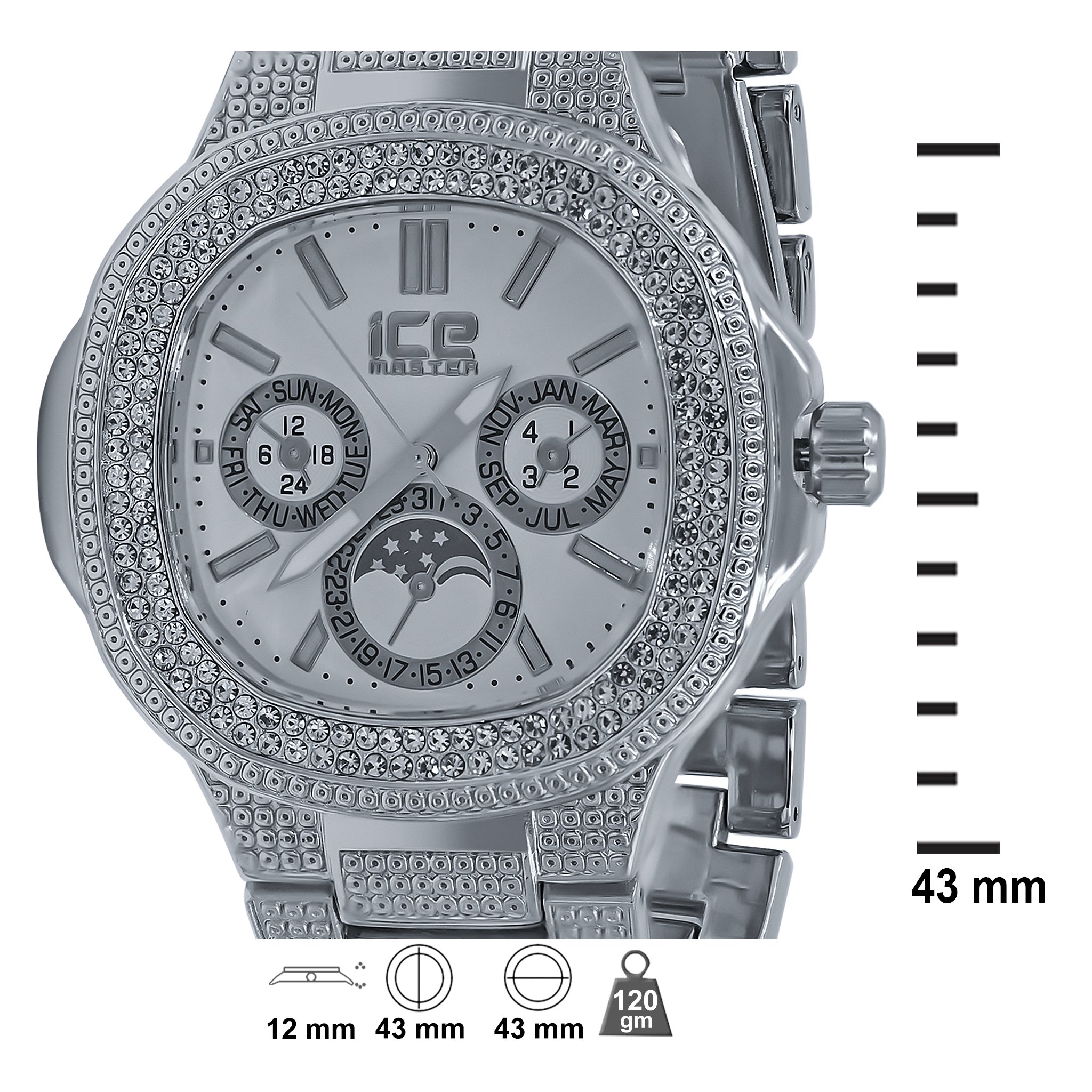 ENTHRAL Hip Hop Metal Watch featuring a bling design with CZ stones on the bezel and strap, showcasing elegance and style.