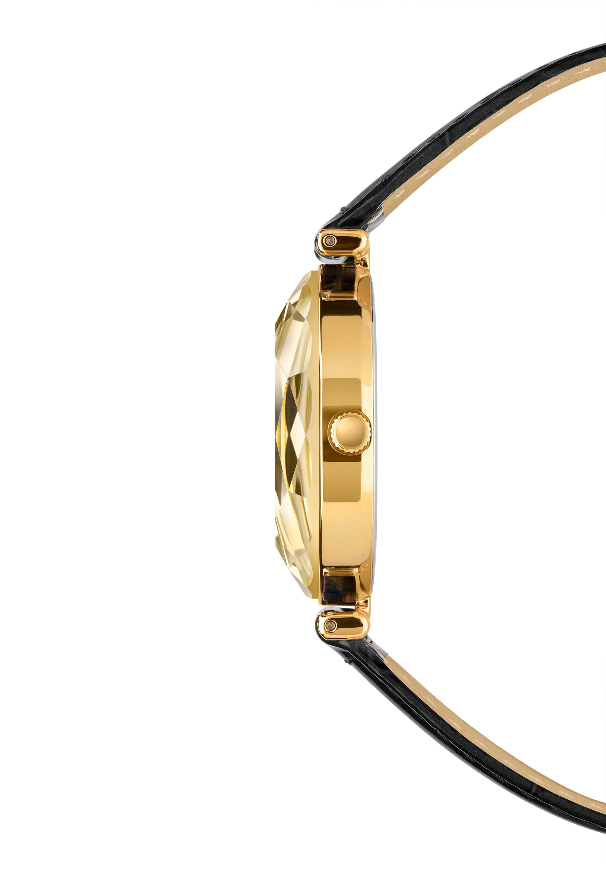 Facet Brilliant Swiss Ladies Watch J5.751.M featuring a Champagne dial, black leather strap, and gold accents, showcasing elegance and luxury.