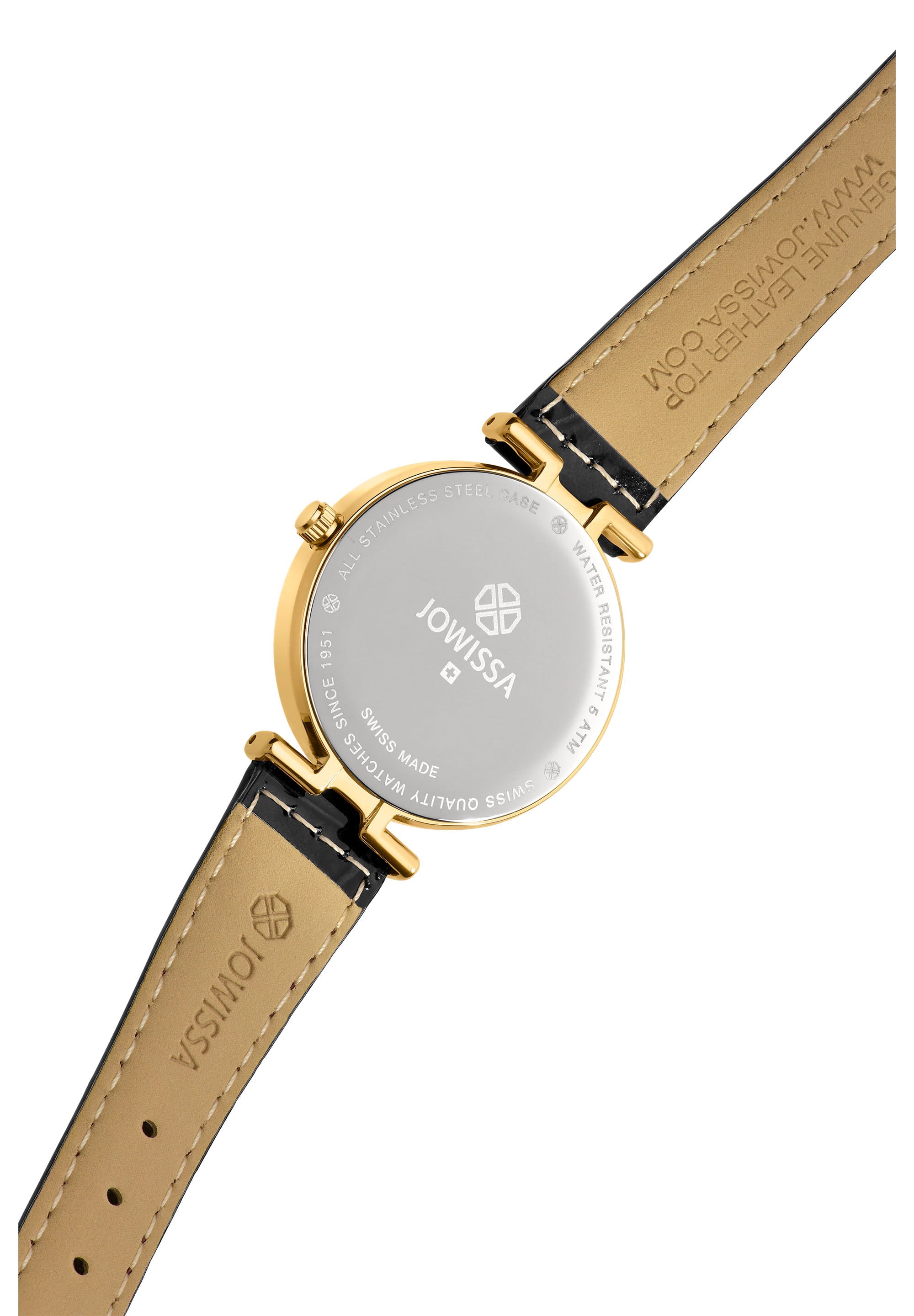 Facet Brilliant Swiss Ladies Watch J5.751.M featuring a Champagne dial, black leather strap, and gold accents, showcasing elegance and luxury.