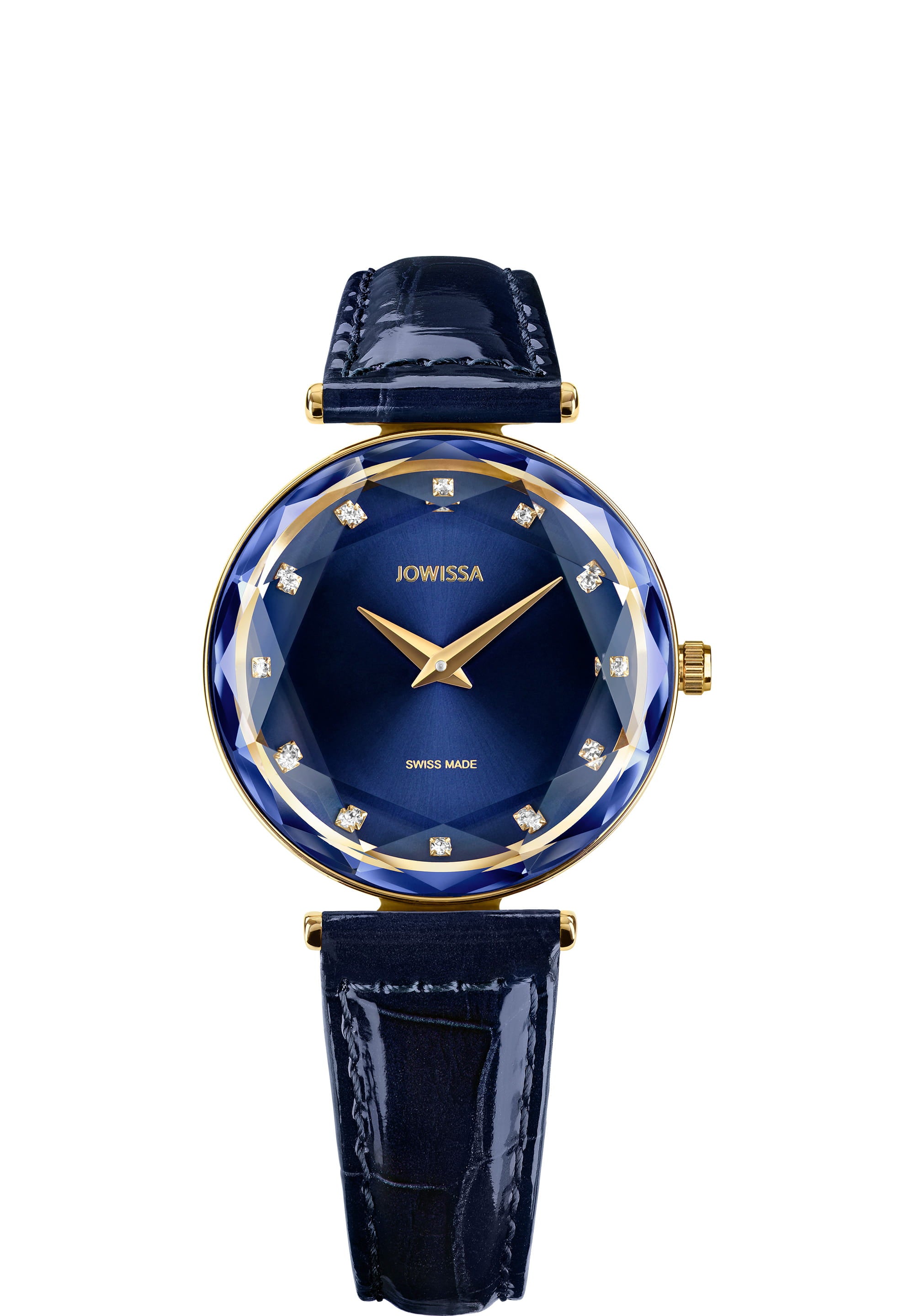 Facet Brilliant Swiss Ladies Watch J5.752.M featuring a royal blue dial, gold-tone details, and a glossy leather strap.