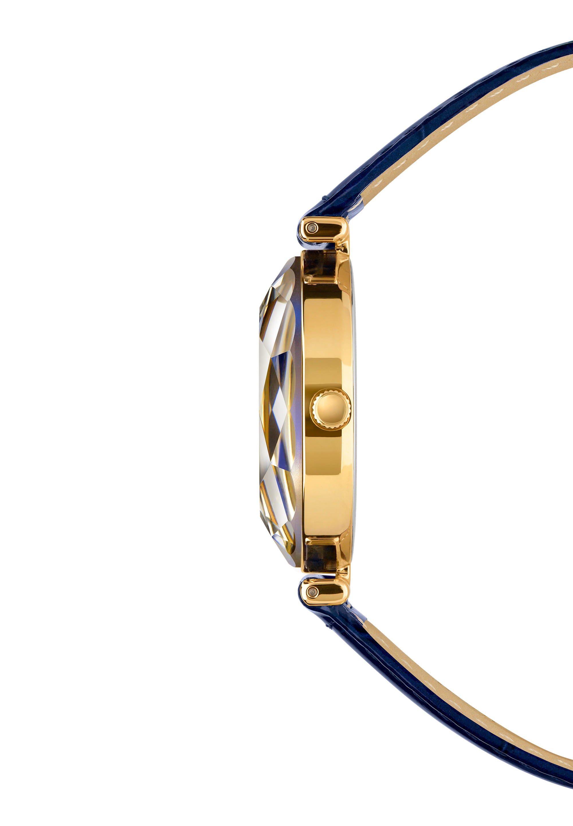 Facet Brilliant Swiss Ladies Watch J5.752.M featuring a royal blue dial, gold-tone details, and a glossy leather strap.