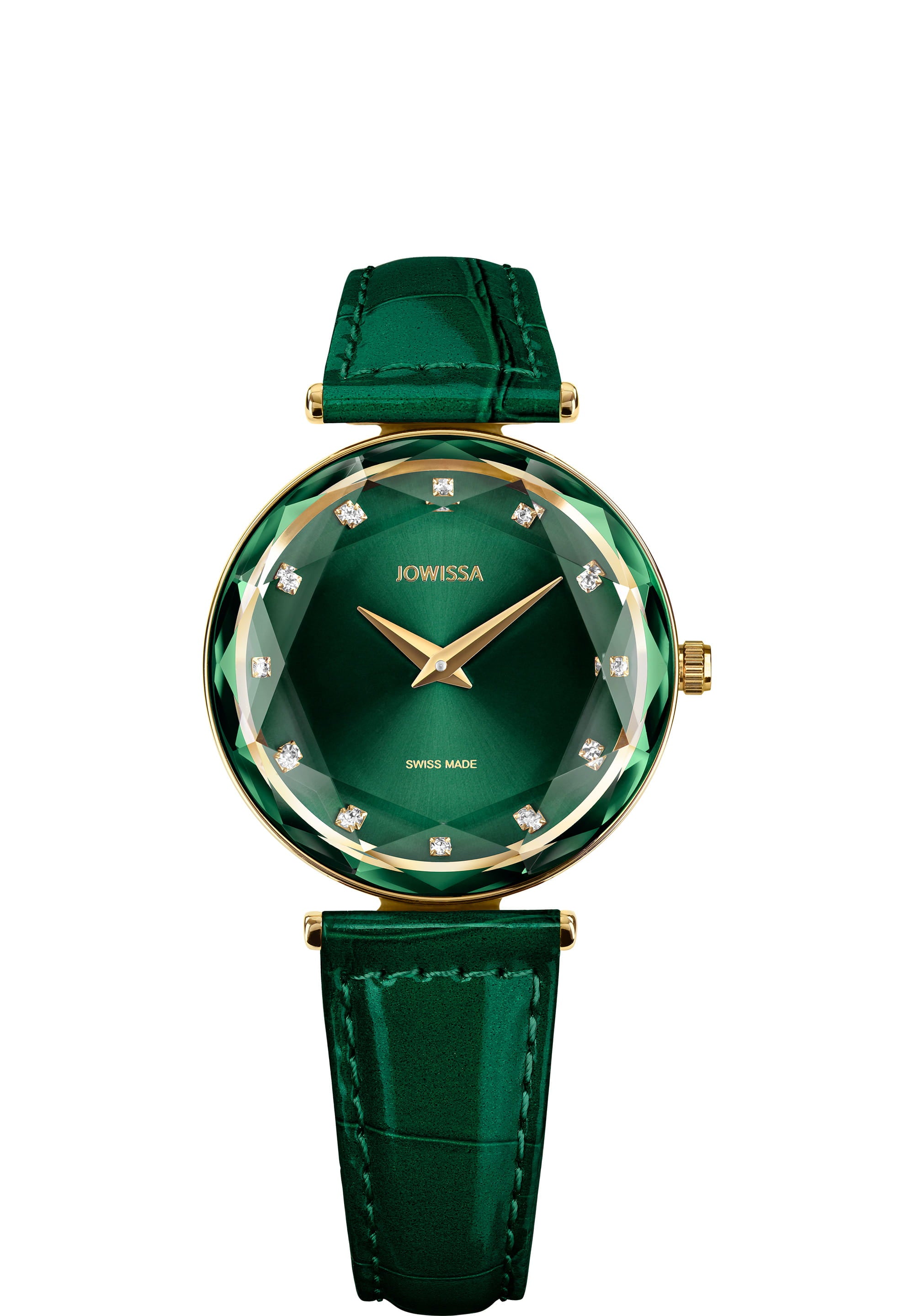 Facet Brilliant Swiss Ladies Watch J5.754.M featuring an emerald green dial, stainless steel case, and glossy leather strap.