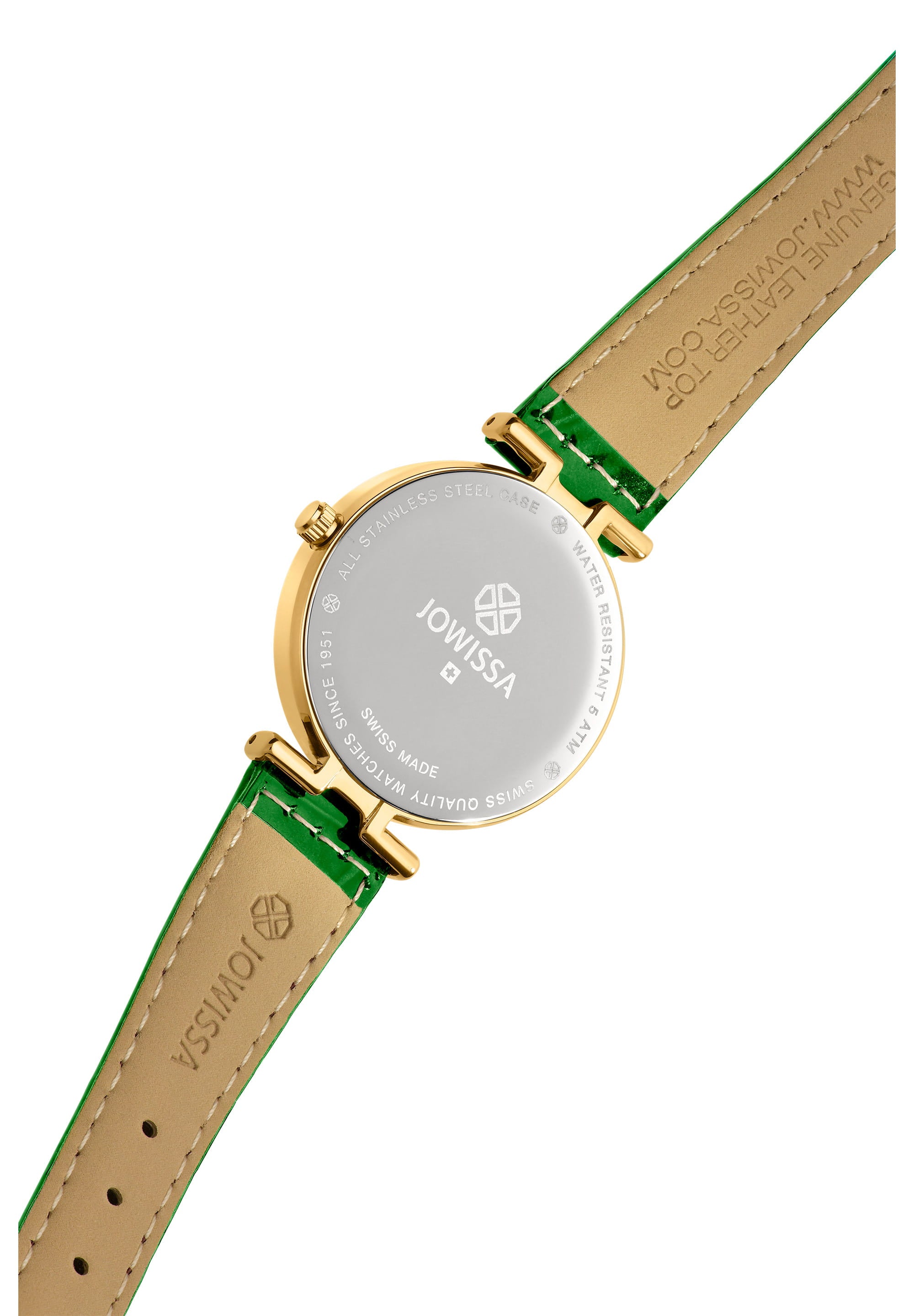 Facet Brilliant Swiss Ladies Watch J5.754.M featuring an emerald green dial, stainless steel case, and glossy leather strap.