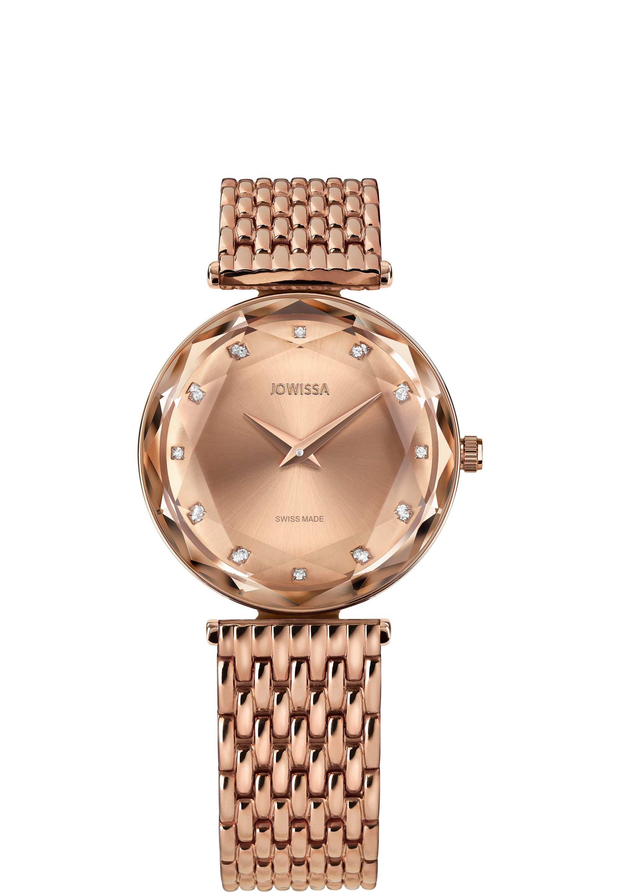 Facet Brilliant Swiss Ladies Watch J5.761.M featuring a rose gold design, sparkling rhinestones, and a stainless steel bracelet.