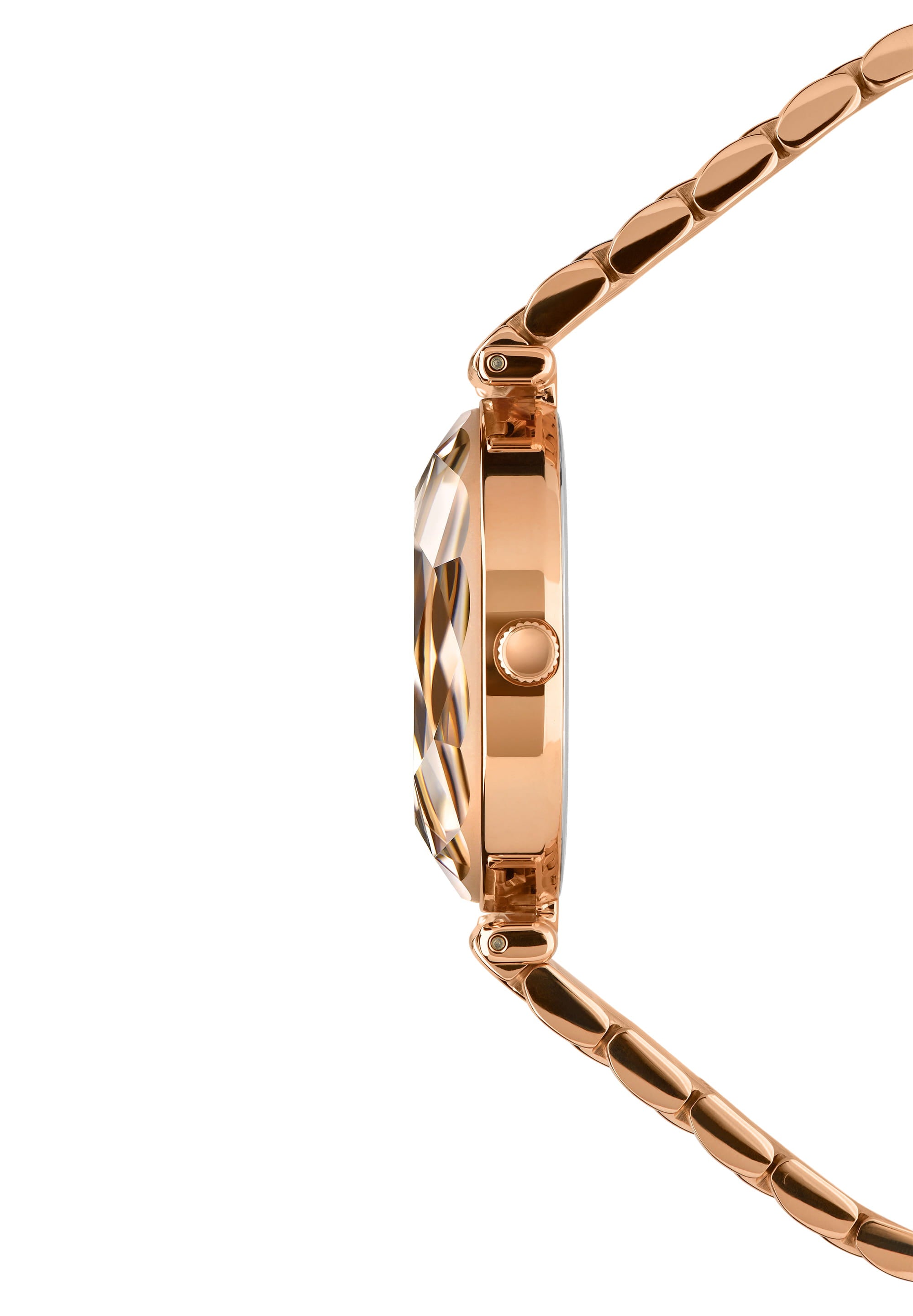 Facet Brilliant Swiss Ladies Watch J5.761.M featuring a rose gold design, sparkling rhinestones, and a stainless steel bracelet.