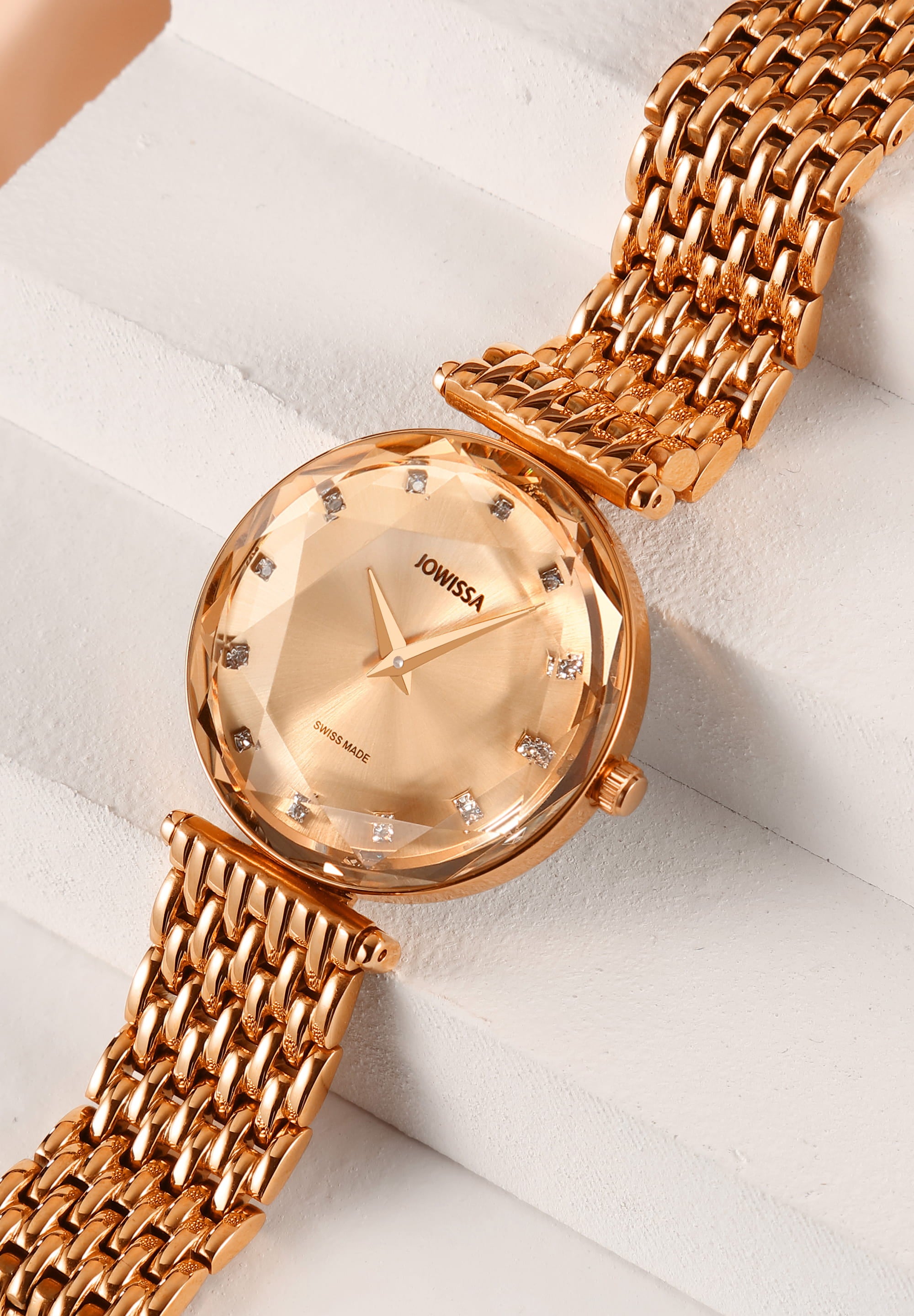 Facet Brilliant Swiss Ladies Watch J5.761.M featuring a rose gold design, sparkling rhinestones, and a stainless steel bracelet.