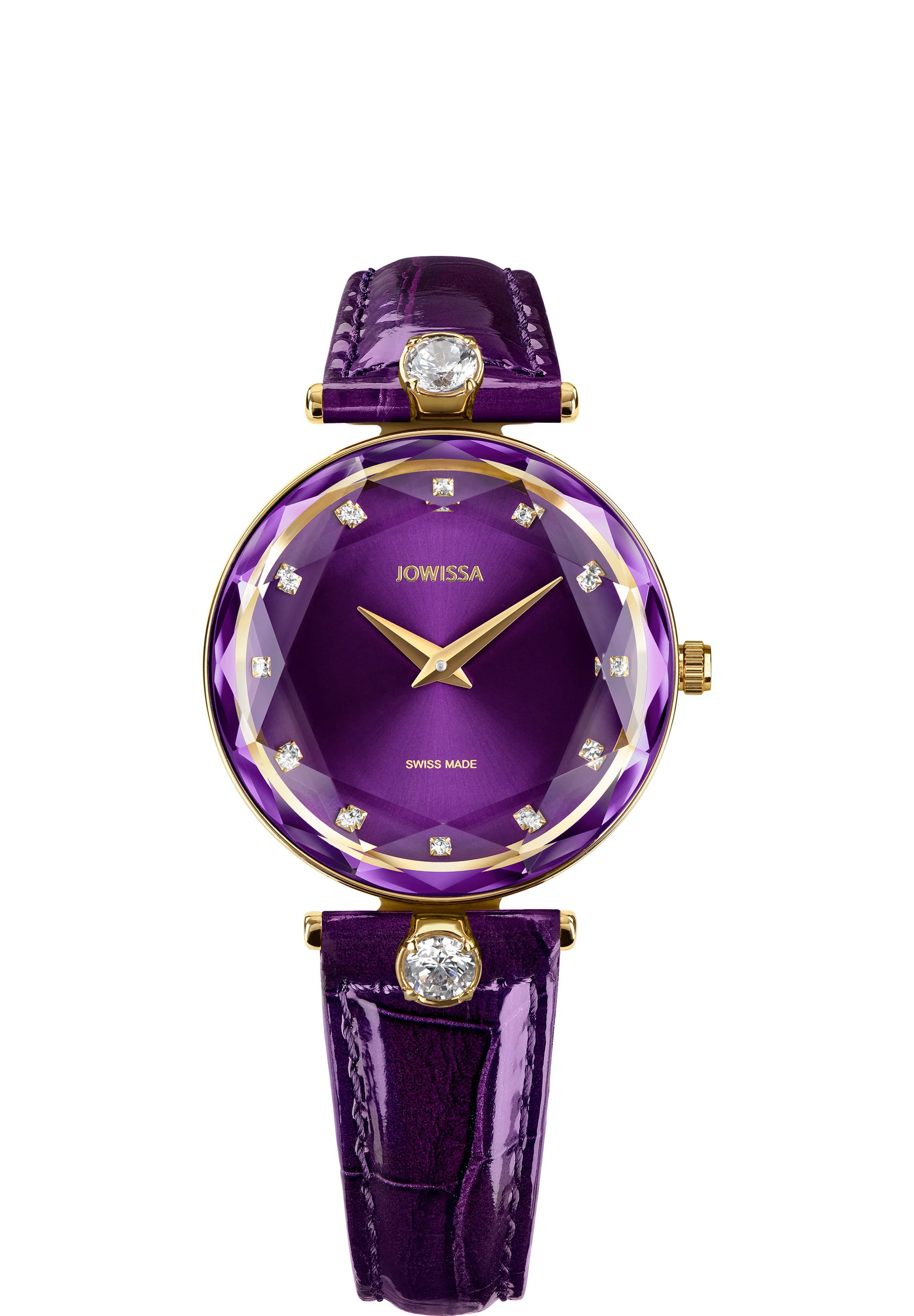 Facet Brilliant Swiss Ladies Watch J5.831.M with purple leather strap and sparkling rhinestones on the dial, showcasing elegant design and Swiss craftsmanship.