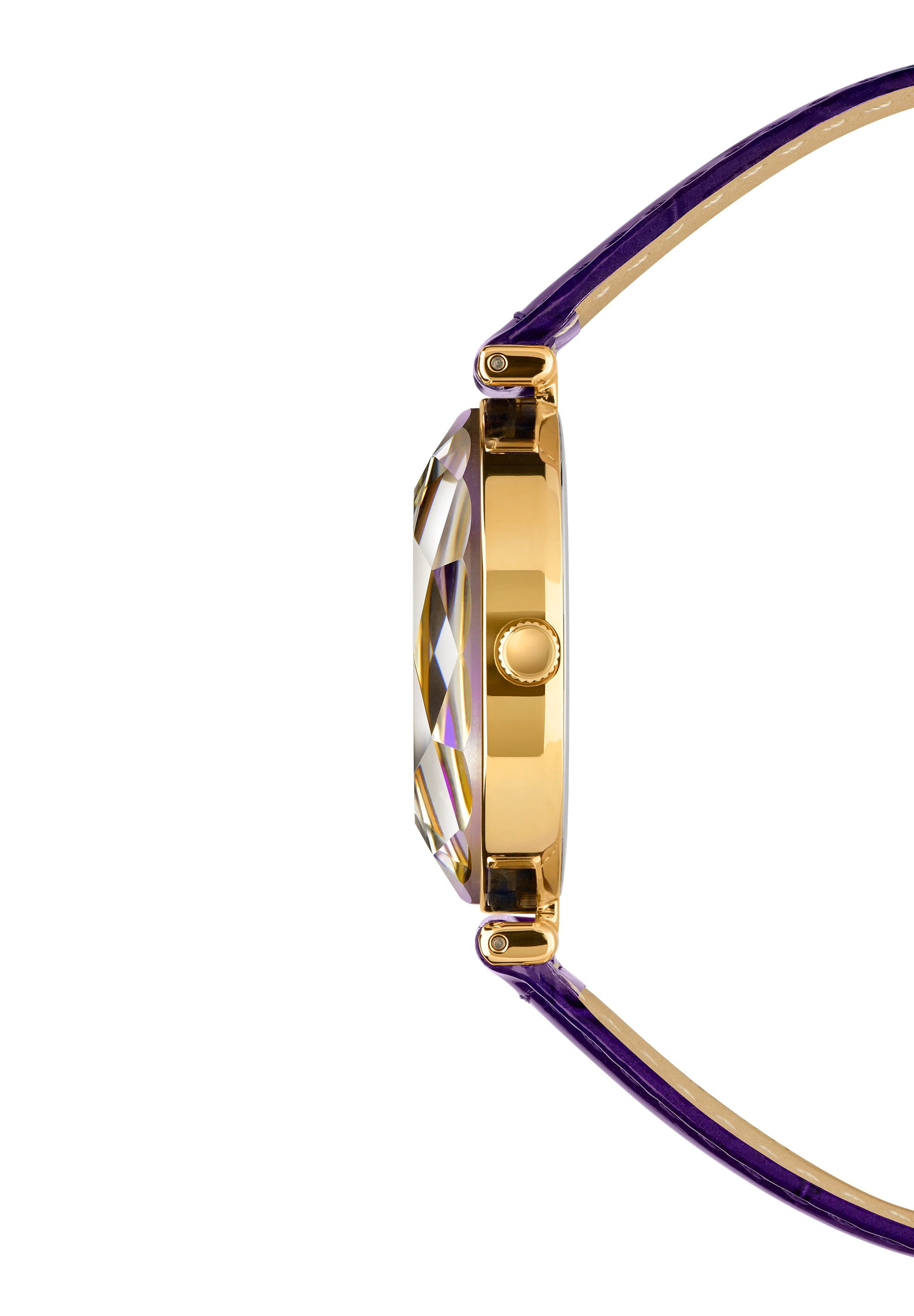 Facet Brilliant Swiss Ladies Watch J5.831.M with purple leather strap and sparkling rhinestones on the dial, showcasing elegant design and Swiss craftsmanship.