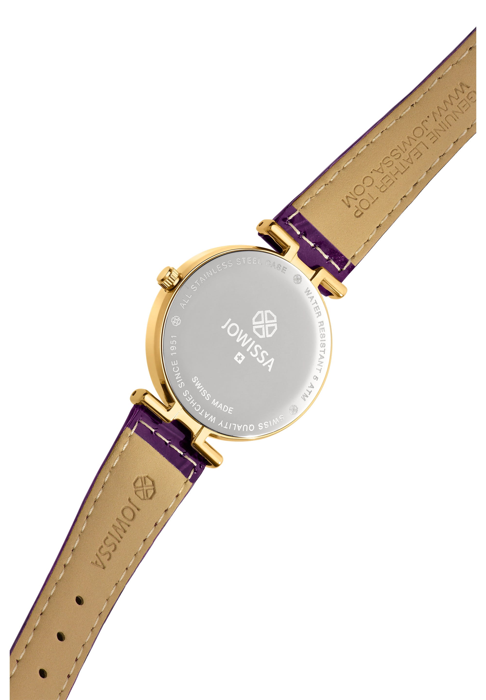 Facet Brilliant Swiss Ladies Watch J5.831.M with purple leather strap and sparkling rhinestones on the dial, showcasing elegant design and Swiss craftsmanship.