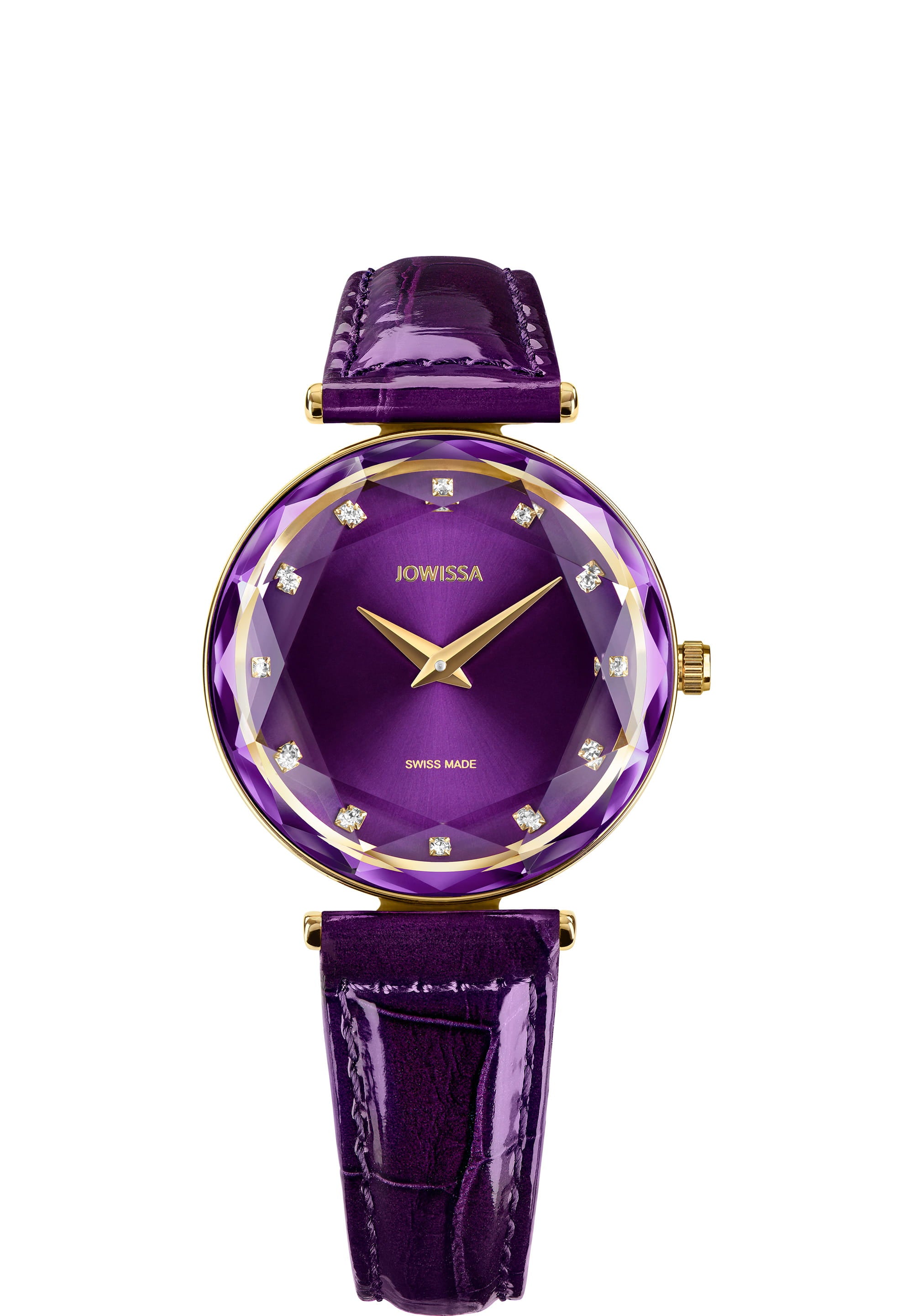 Facet Brilliant Swiss Ladies Watch J5.831.M with purple leather strap and sparkling rhinestones on the dial, showcasing elegant design and Swiss craftsmanship.