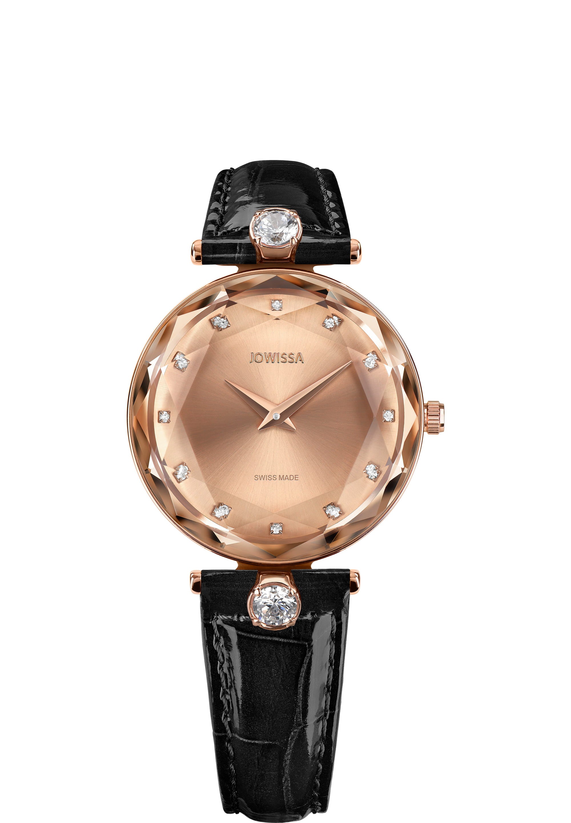 Facet Brilliant Swiss Ladies Watch J5.833.M featuring a rose gold case and black leather strap, showcasing a shiny sunray dial with rhinestone hour indices.