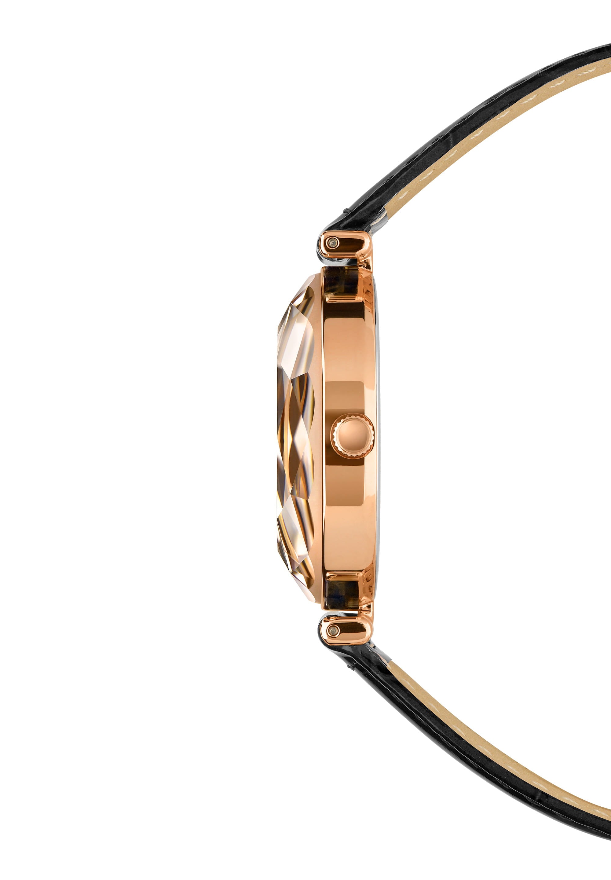 Facet Brilliant Swiss Ladies Watch J5.833.M featuring a rose gold case and black leather strap, showcasing a shiny sunray dial with rhinestone hour indices.