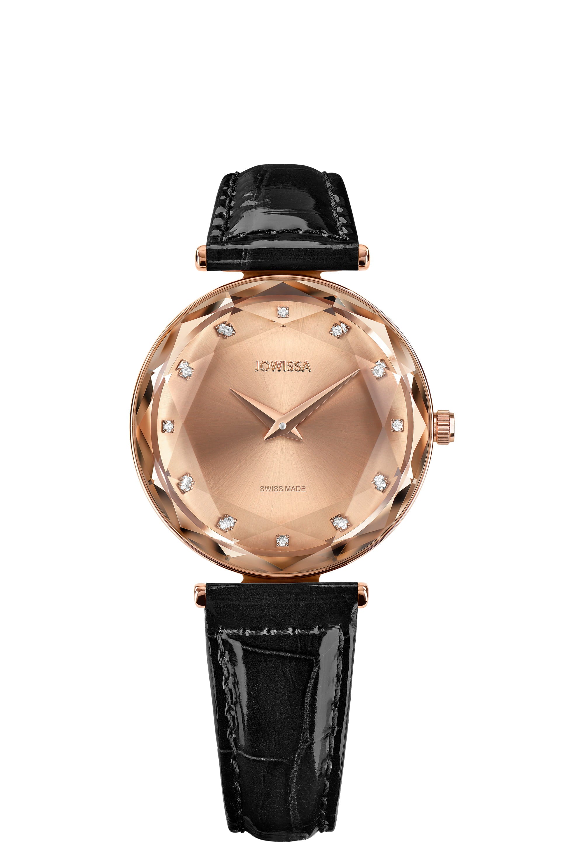 Facet Brilliant Swiss Ladies Watch J5.833.M featuring a rose gold case and black leather strap, showcasing a shiny sunray dial with rhinestone hour indices.