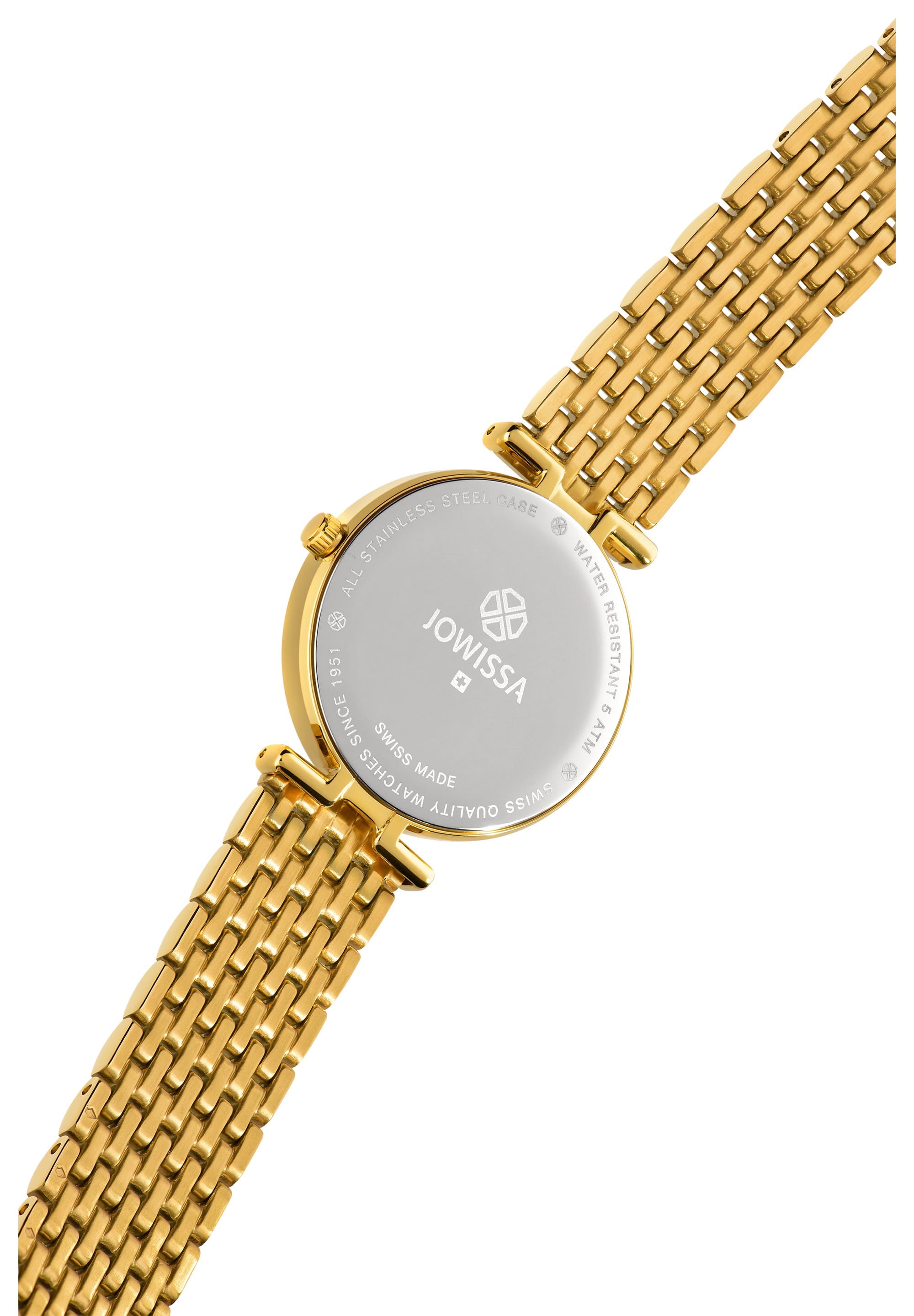 Facet Brilliant Swiss Ladies Watch J5.841.M featuring a luxurious champagne gold finish, sparkling cubic zirconia, and a stainless steel bracelet.