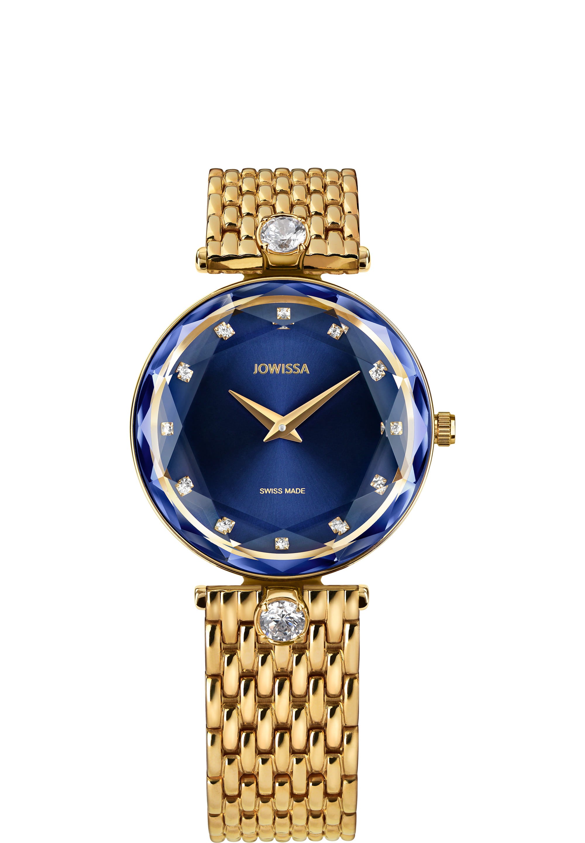 Facet Brilliant Swiss Ladies Watch J5.842.M featuring a blue dial, gold stainless steel bracelet, and sparkling mineral glass.