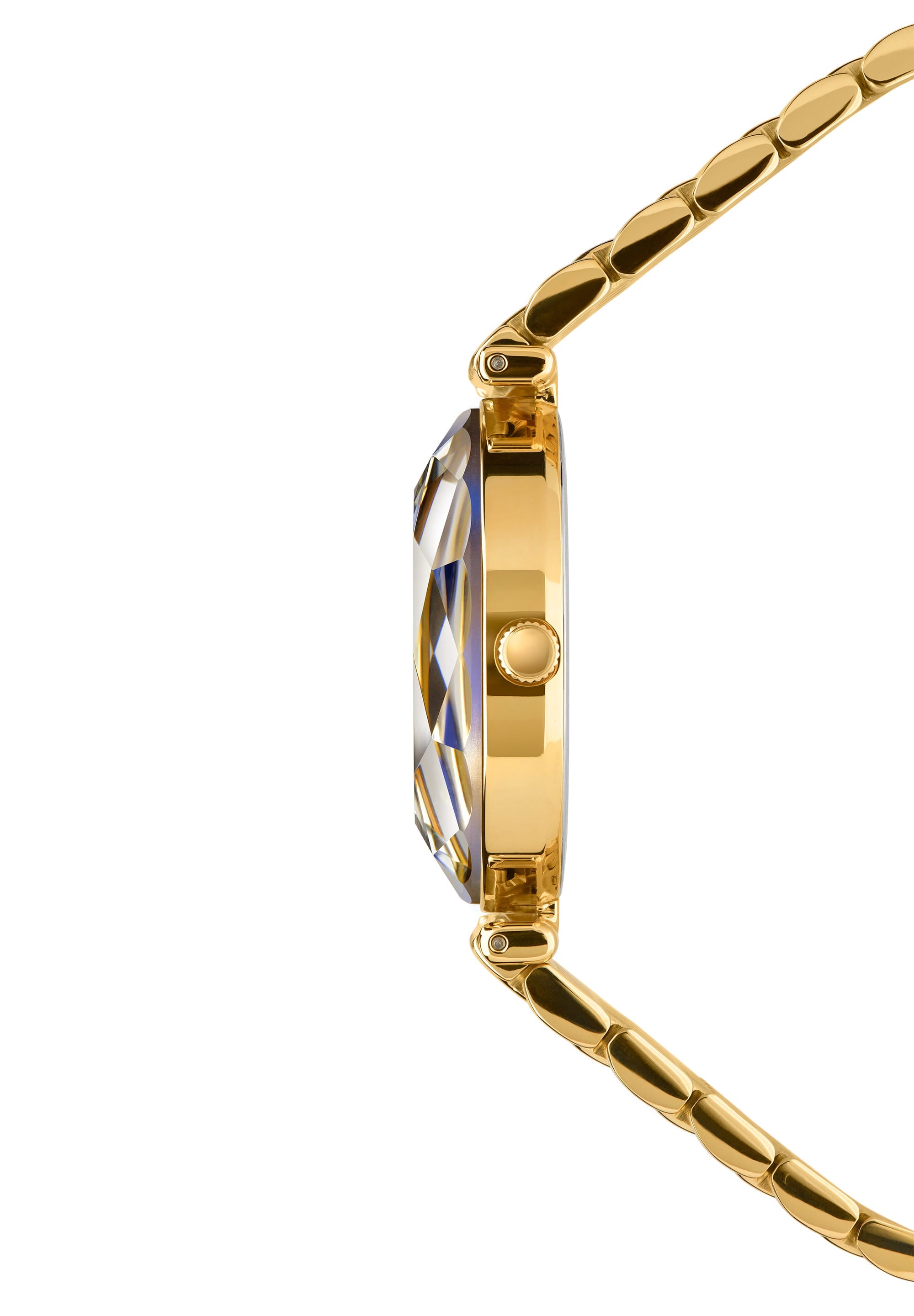 Facet Brilliant Swiss Ladies Watch J5.842.M featuring a blue dial, gold stainless steel bracelet, and sparkling mineral glass.