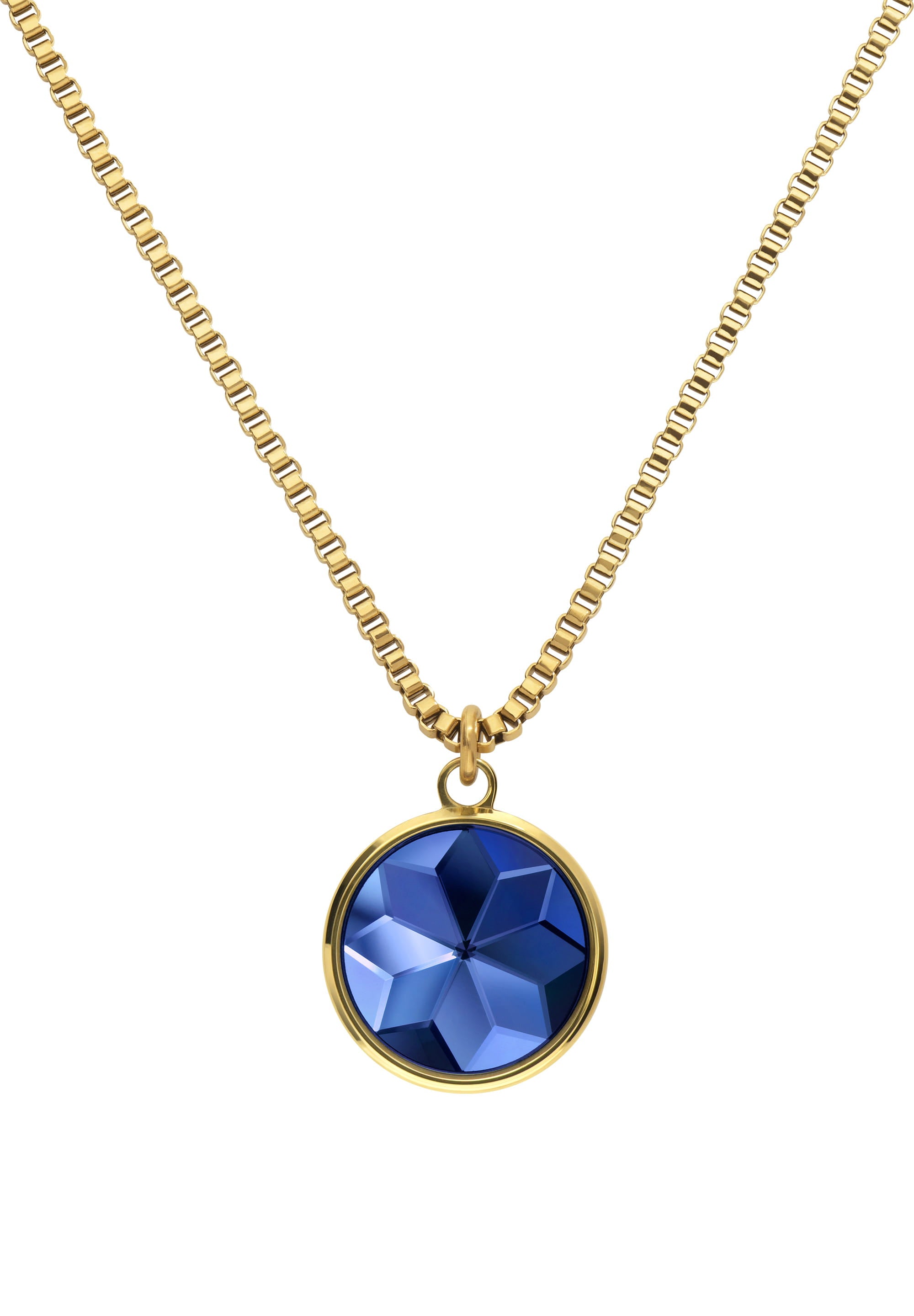 Facet Pendant Necklace JS.0005 featuring a blue faceted glass pendant on a gold plated stainless steel chain, elegantly displayed.