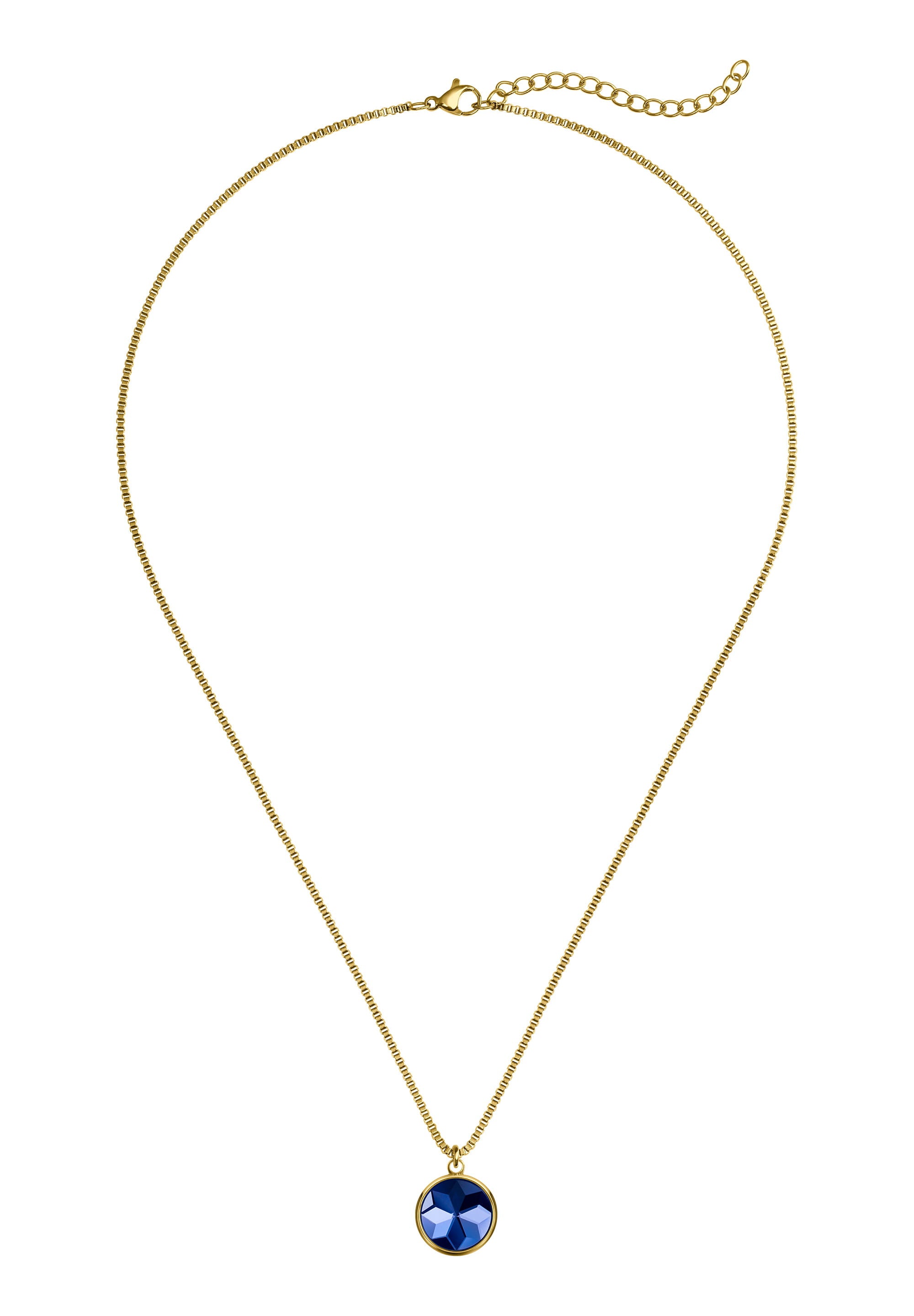 Facet Pendant Necklace JS.0005 featuring a blue faceted glass pendant on a gold plated stainless steel chain, elegantly displayed.