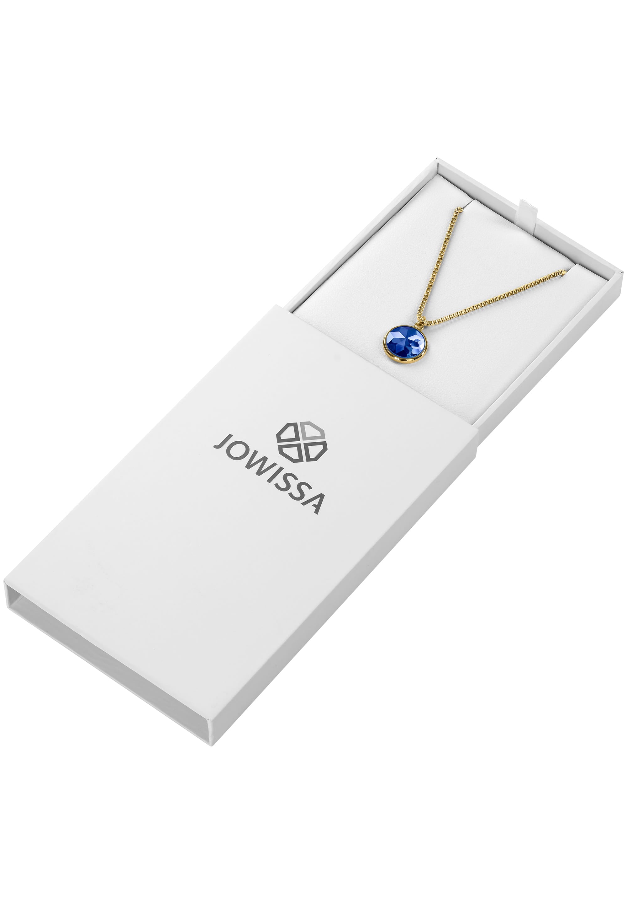 Facet Pendant Necklace JS.0005 featuring a blue faceted glass pendant on a gold plated stainless steel chain, elegantly displayed.