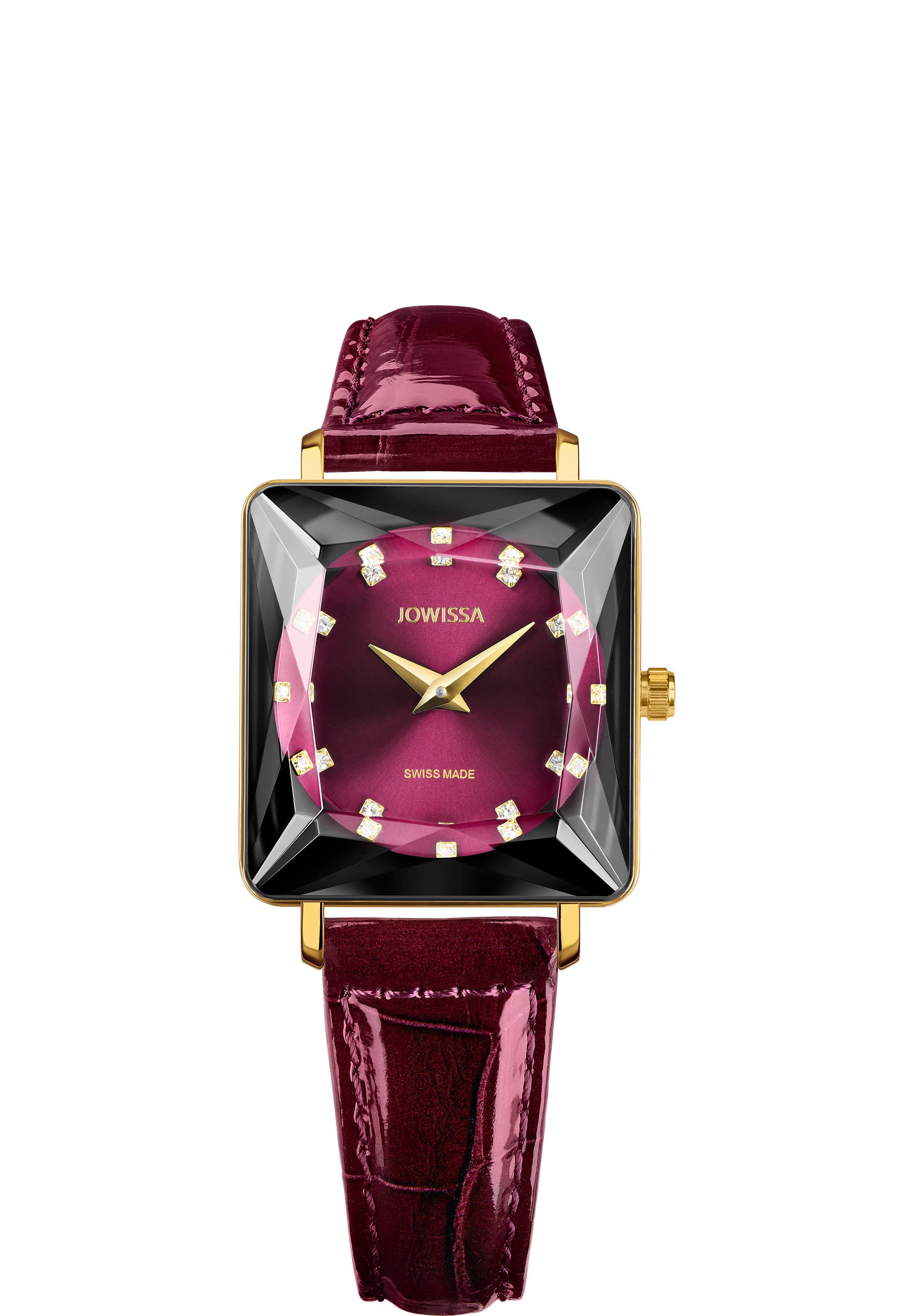 Facet Princess Swiss Ladies Watch J8.062.M featuring a burgundy dial, black square case, and glossy leather strap.