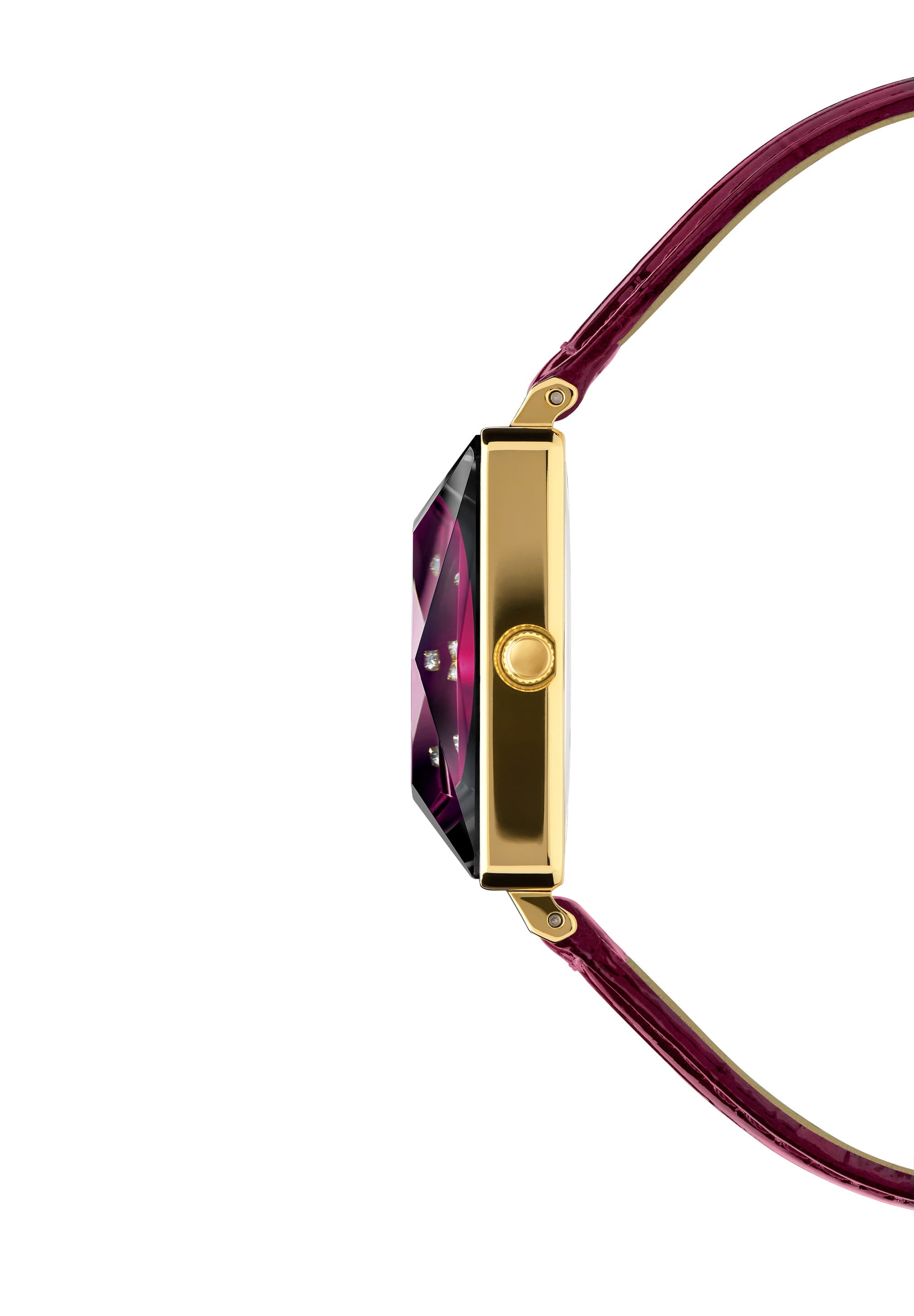 Facet Princess Swiss Ladies Watch J8.062.M featuring a burgundy dial, black square case, and glossy leather strap.