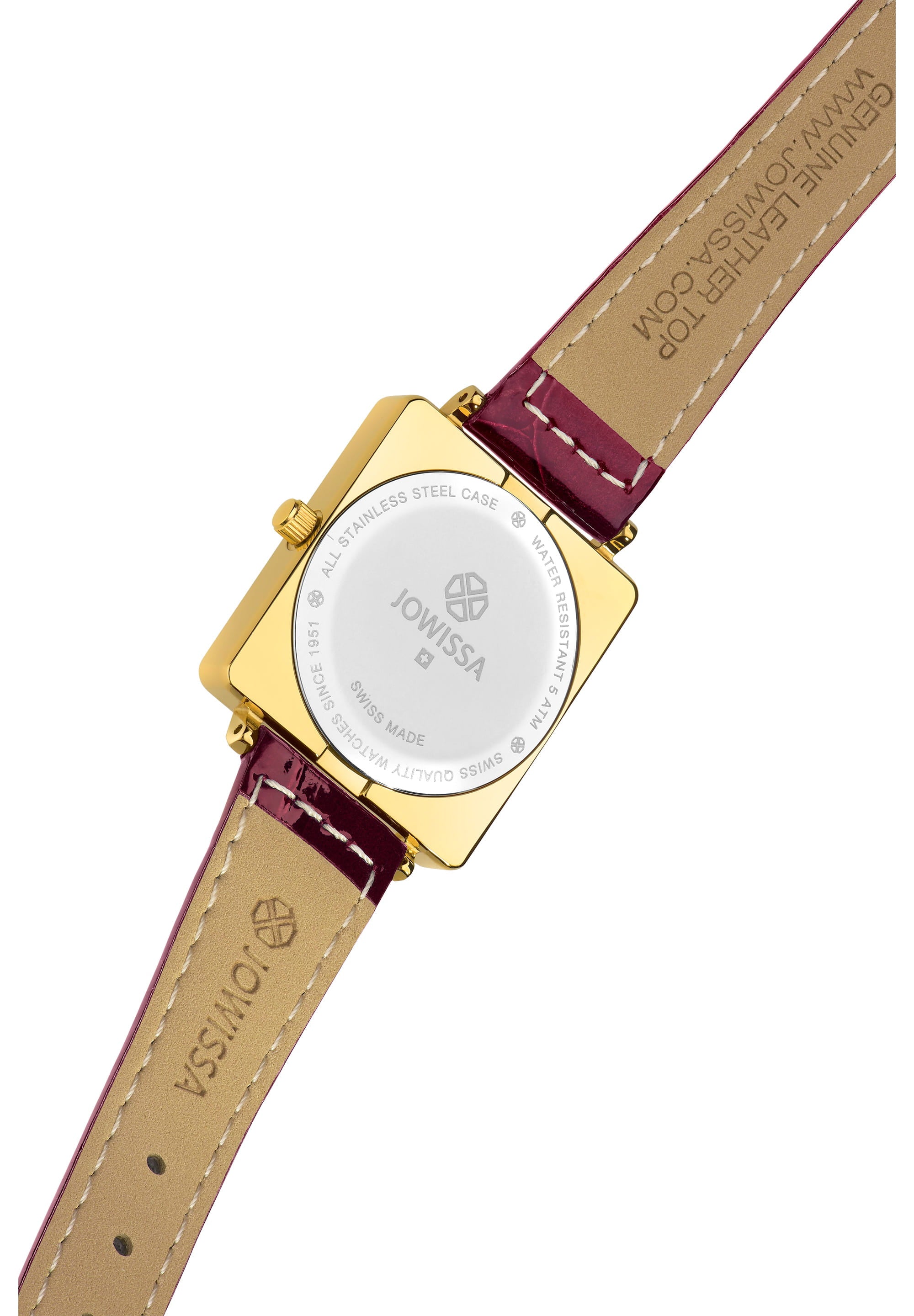 Facet Princess Swiss Ladies Watch J8.062.M featuring a burgundy dial, black square case, and glossy leather strap.