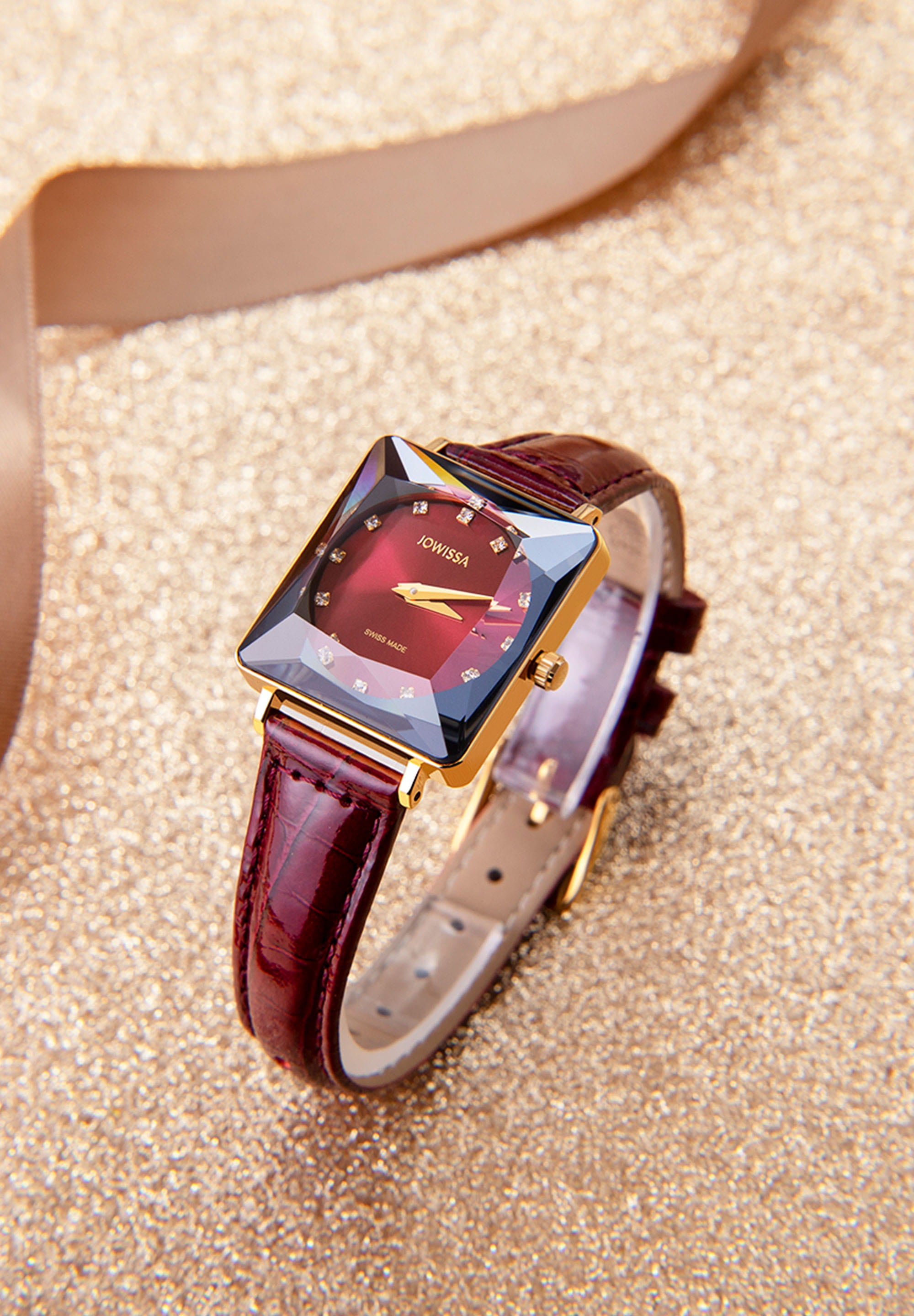 Facet Princess Swiss Ladies Watch J8.062.M featuring a burgundy dial, black square case, and glossy leather strap.