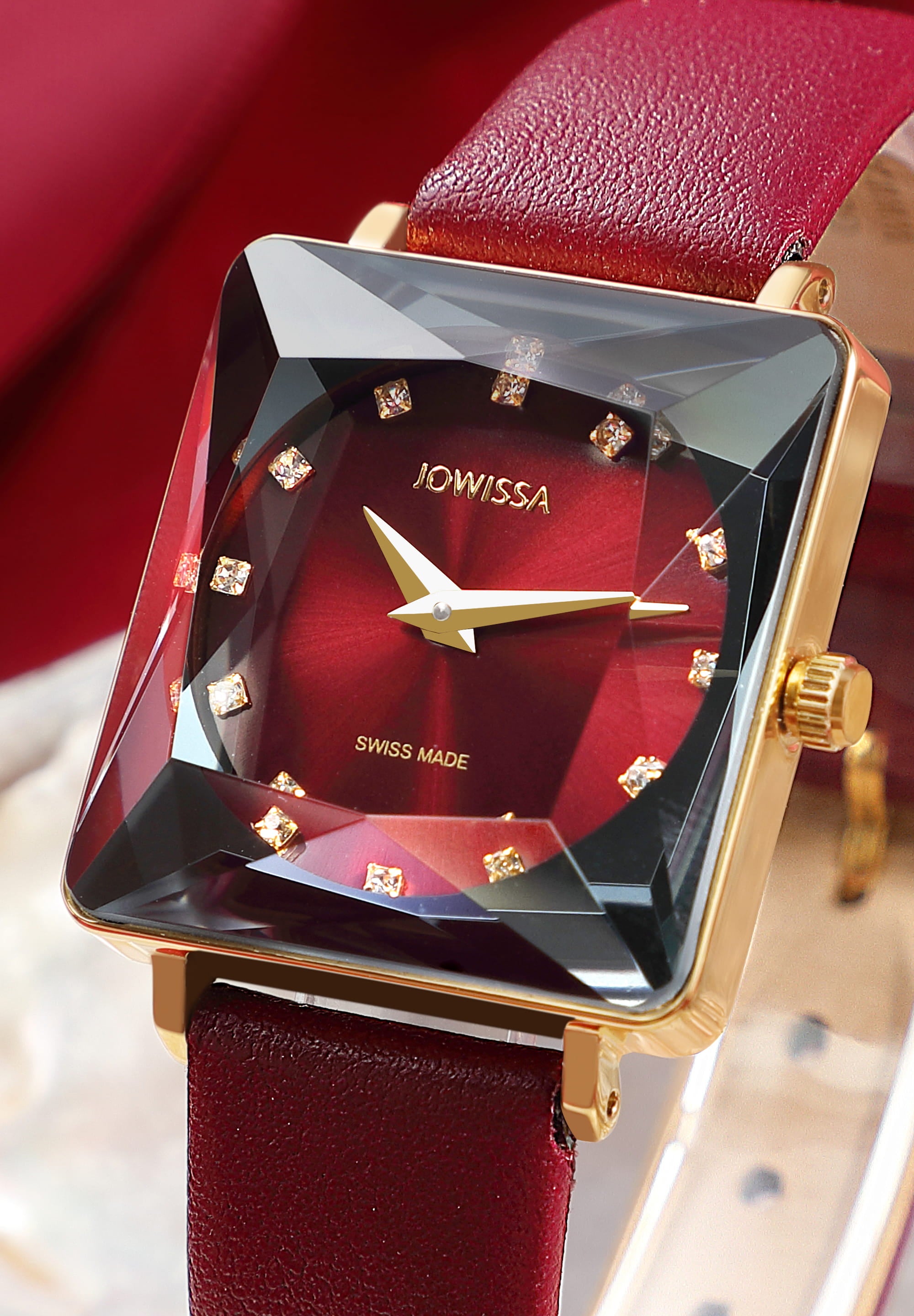 Facet Princess Swiss Ladies Watch J8.062.M featuring a burgundy dial, black square case, and glossy leather strap.