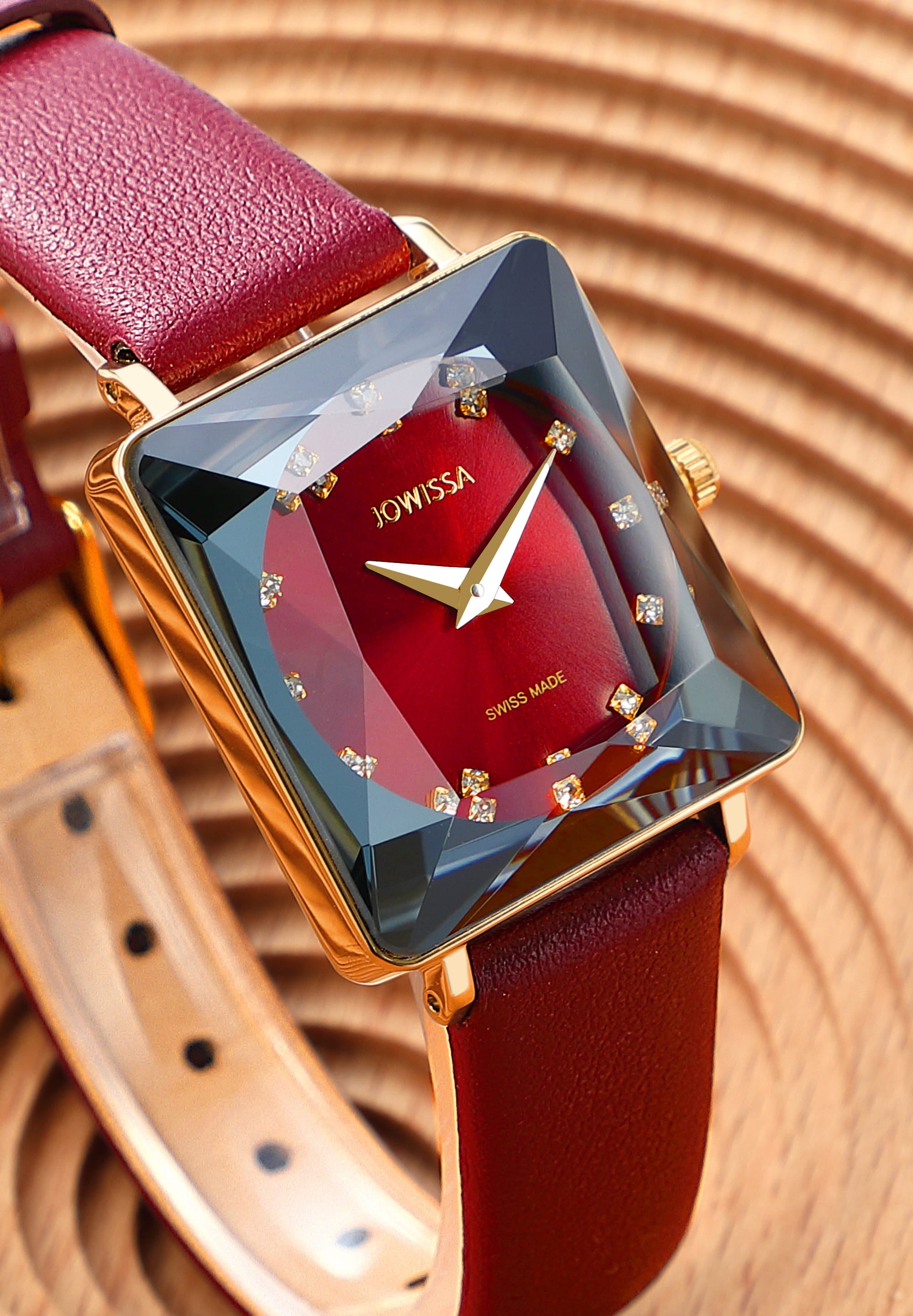 Facet Princess Swiss Ladies Watch J8.062.M featuring a burgundy dial, black square case, and glossy leather strap.