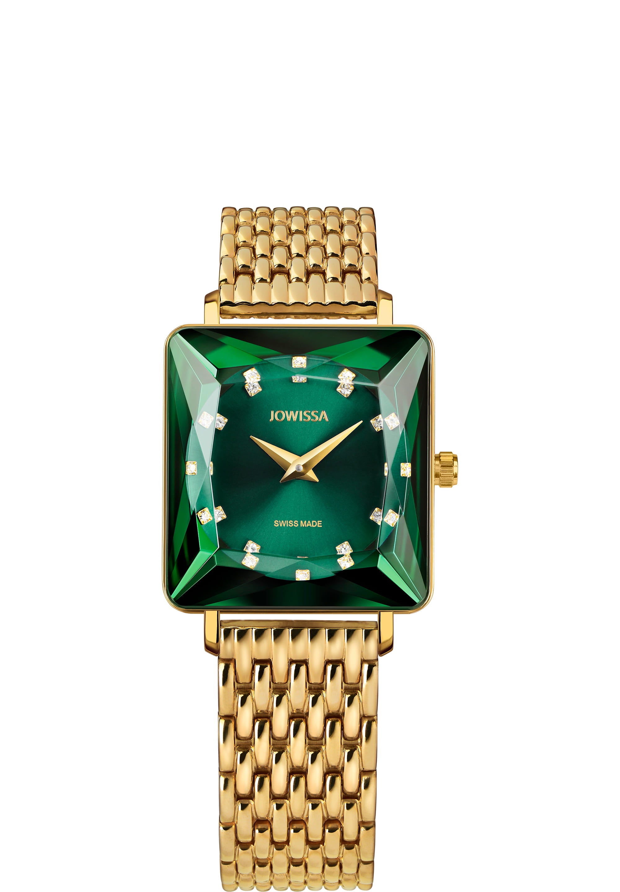 Facet Princess Swiss Ladies Watch J8.067.M featuring a green dial, gold bracelet, and Princess cut crystal, showcasing luxury and elegance.