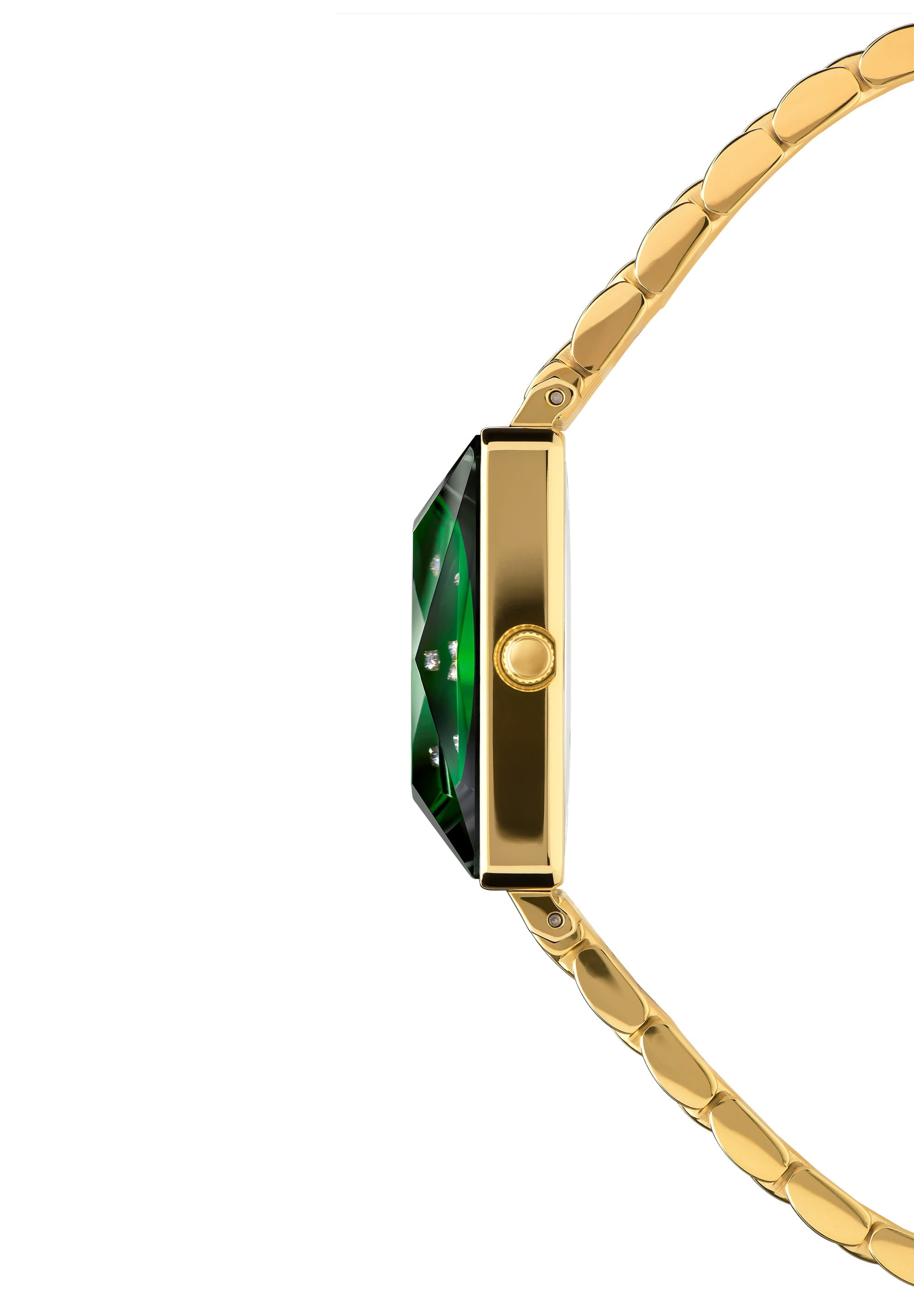 Facet Princess Swiss Ladies Watch J8.067.M featuring a green dial, gold bracelet, and Princess cut crystal, showcasing luxury and elegance.