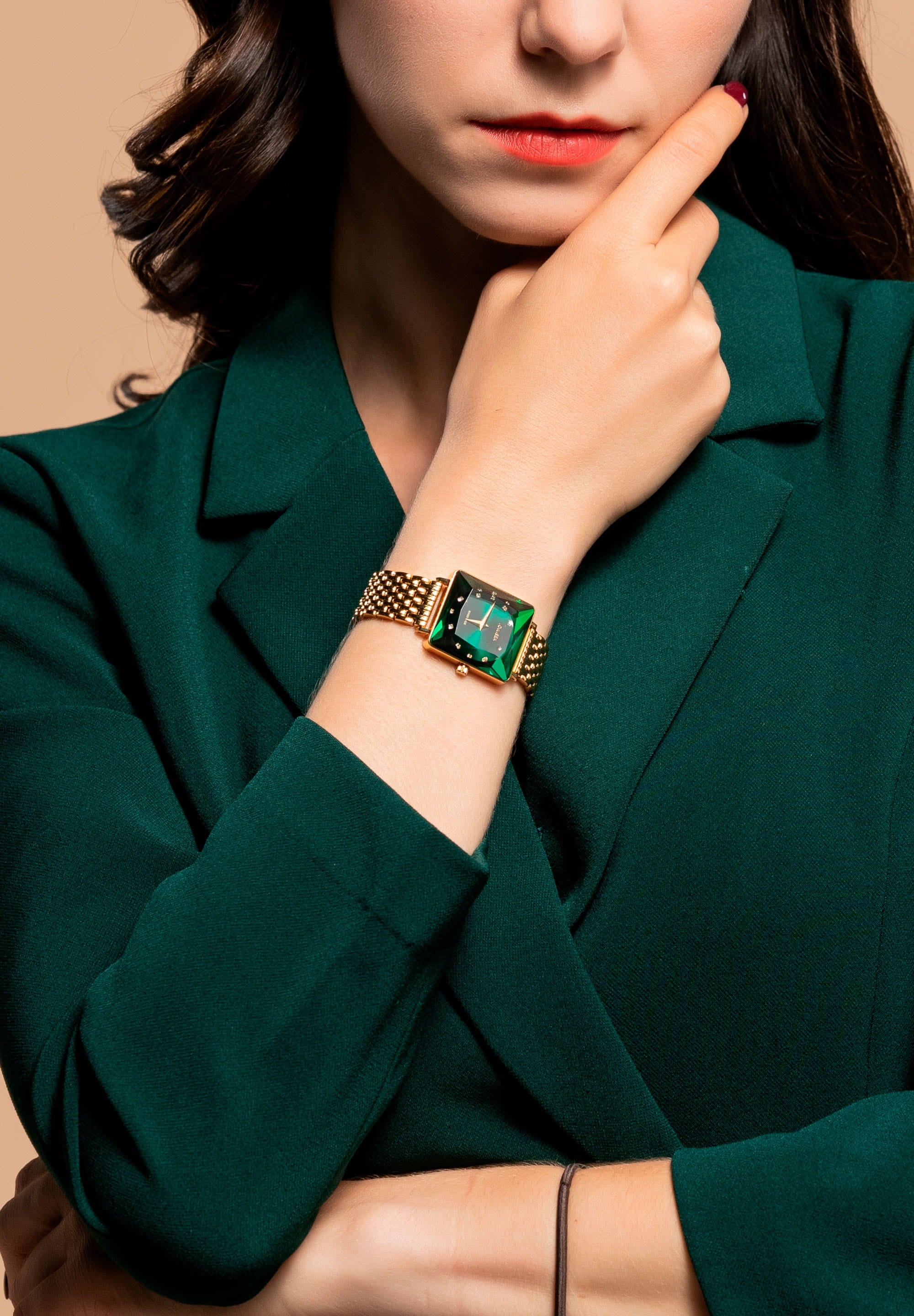 Facet Princess Swiss Ladies Watch J8.067.M featuring a green dial, gold bracelet, and Princess cut crystal, showcasing luxury and elegance.