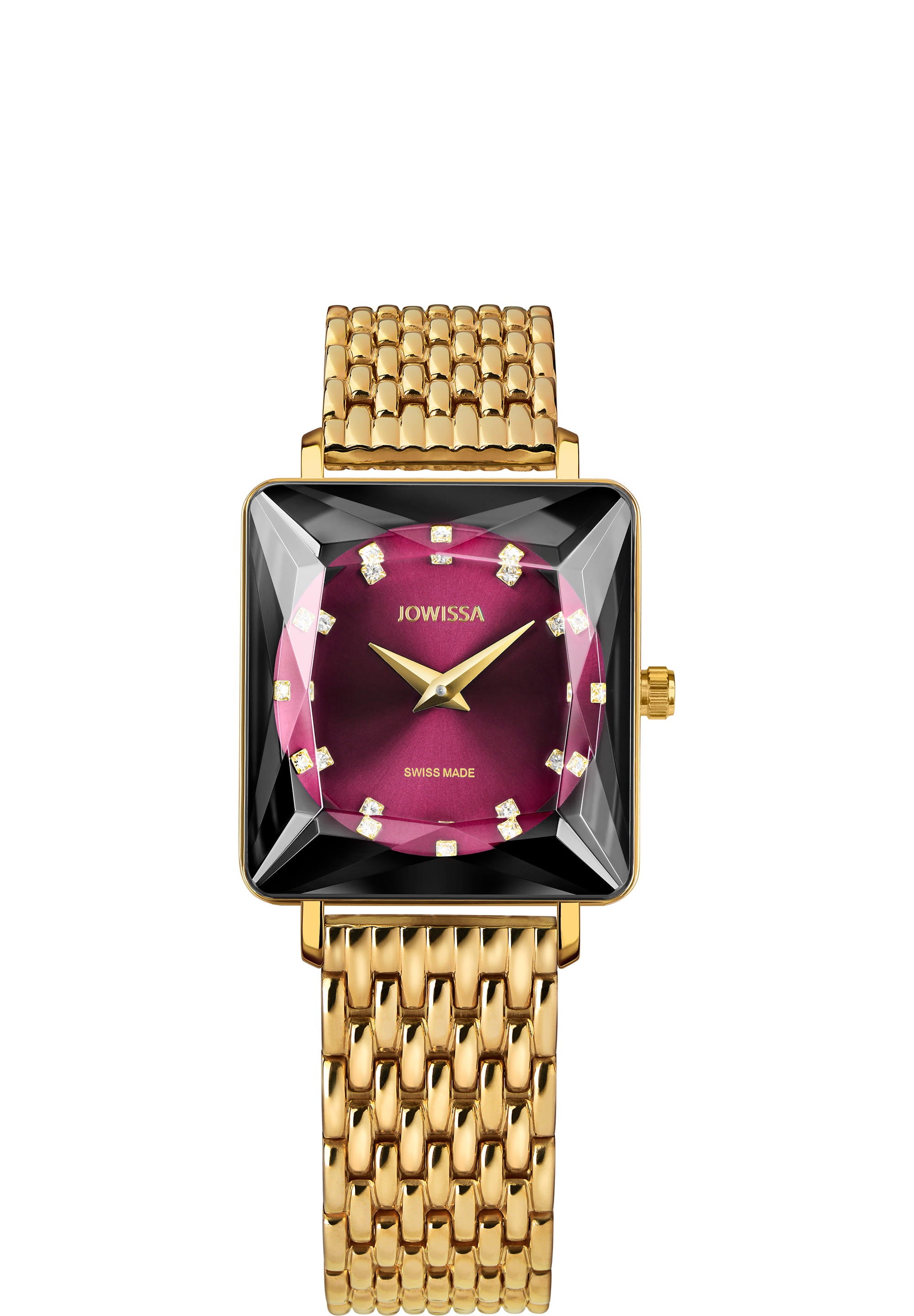 Facet Princess Swiss Ladies Watch J8.066.M featuring a burgundy dial and gold accents in a stylish square case.