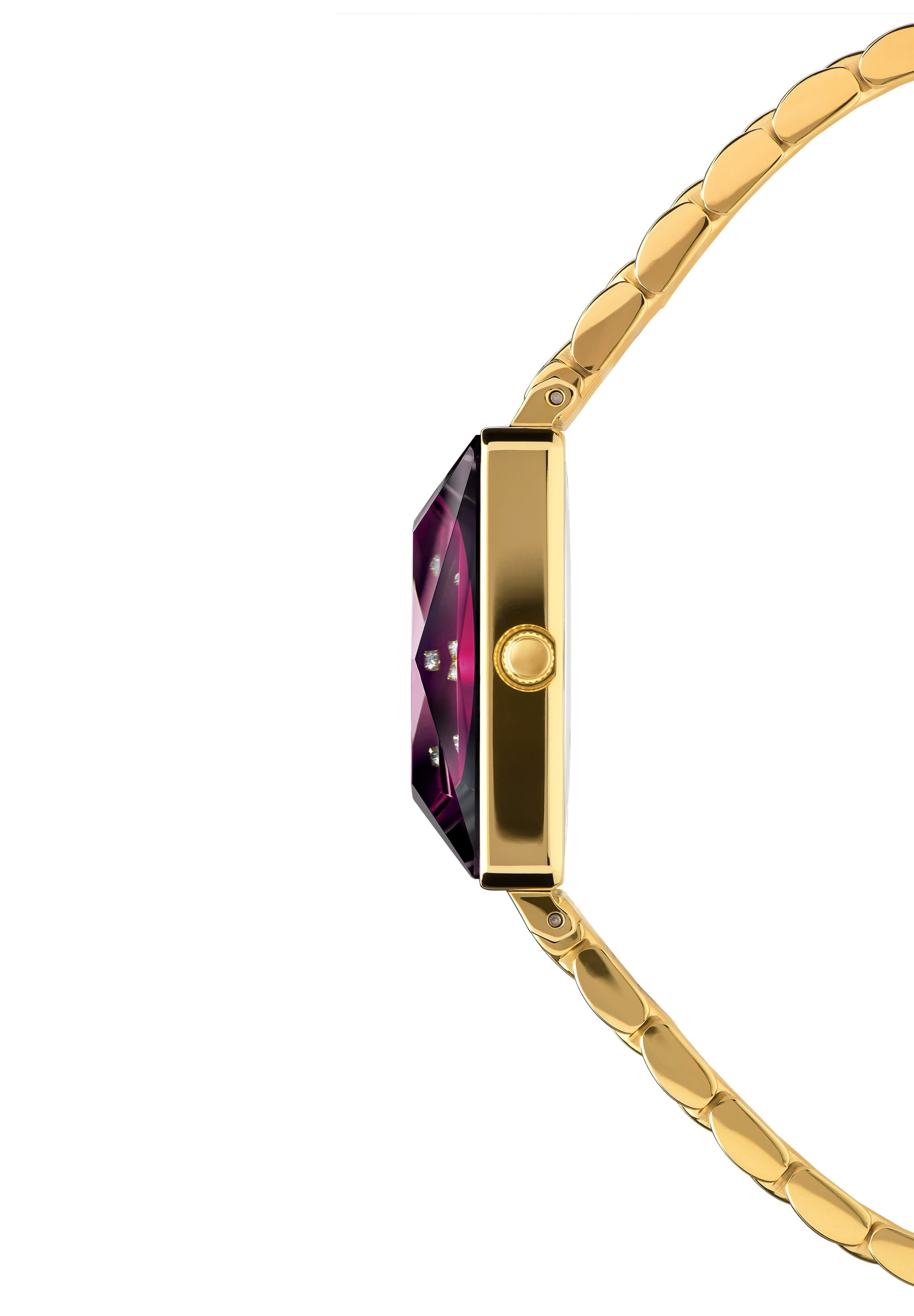 Facet Princess Swiss Ladies Watch J8.066.M featuring a burgundy dial and gold accents in a stylish square case.