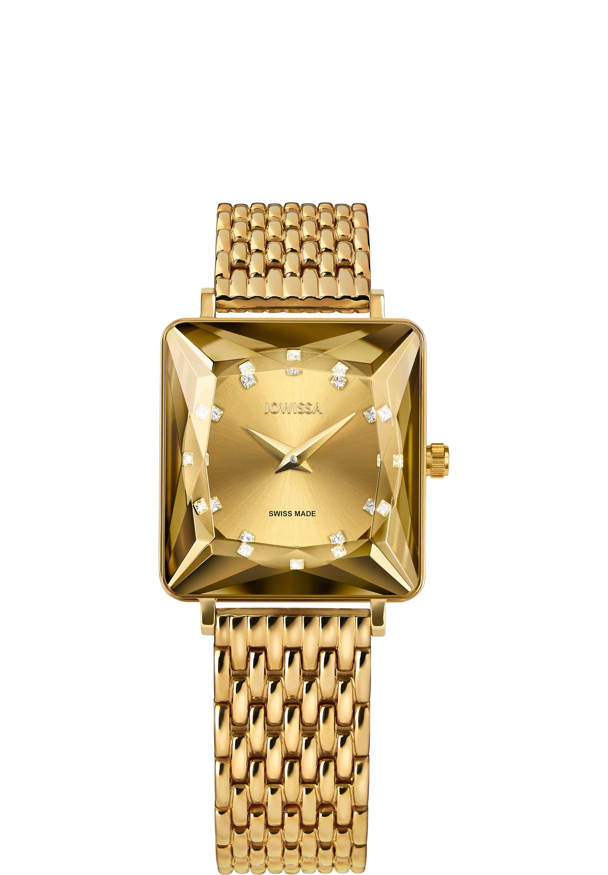 Facet Princess Swiss Ladies Watch J8.095.M featuring a gold dial, rhinestones, and a stainless steel bracelet, showcasing elegance and luxury.