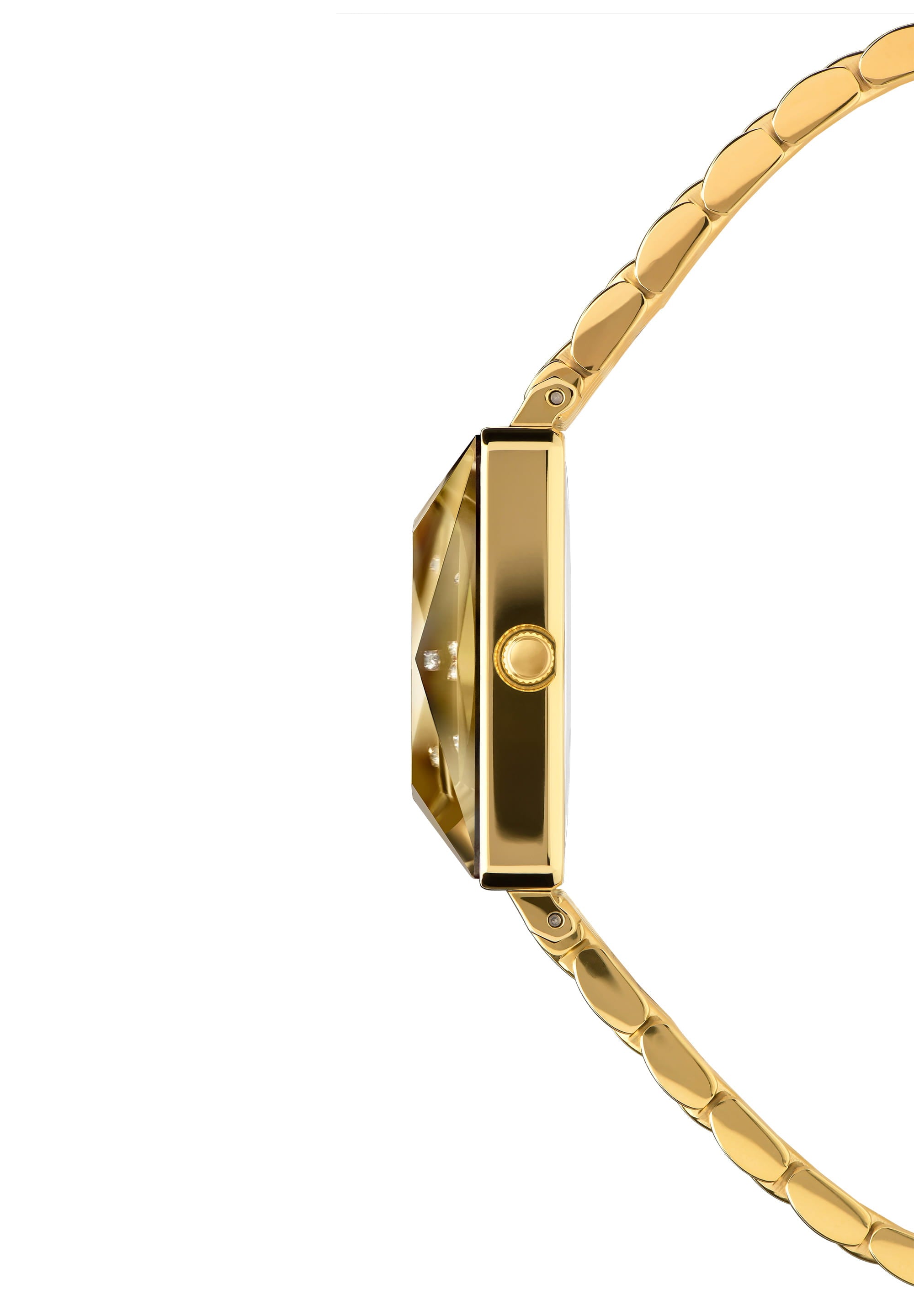 Facet Princess Swiss Ladies Watch J8.095.M featuring a gold dial, rhinestones, and a stainless steel bracelet, showcasing elegance and luxury.