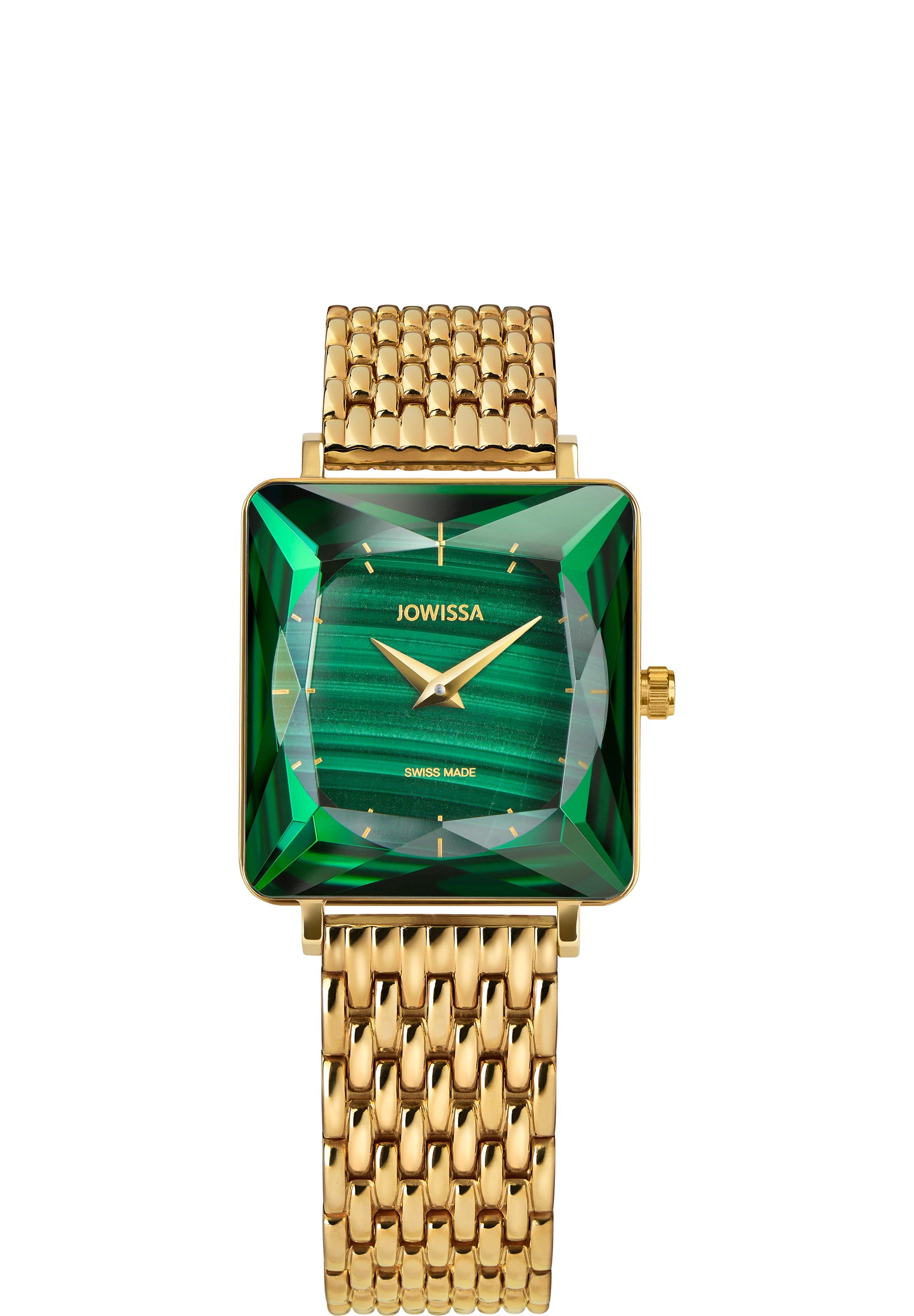 Facet Princess Swiss Ladies Watch J8.774.M featuring a malachite dial and gold-tone bracelet, showcasing elegance and luxury.