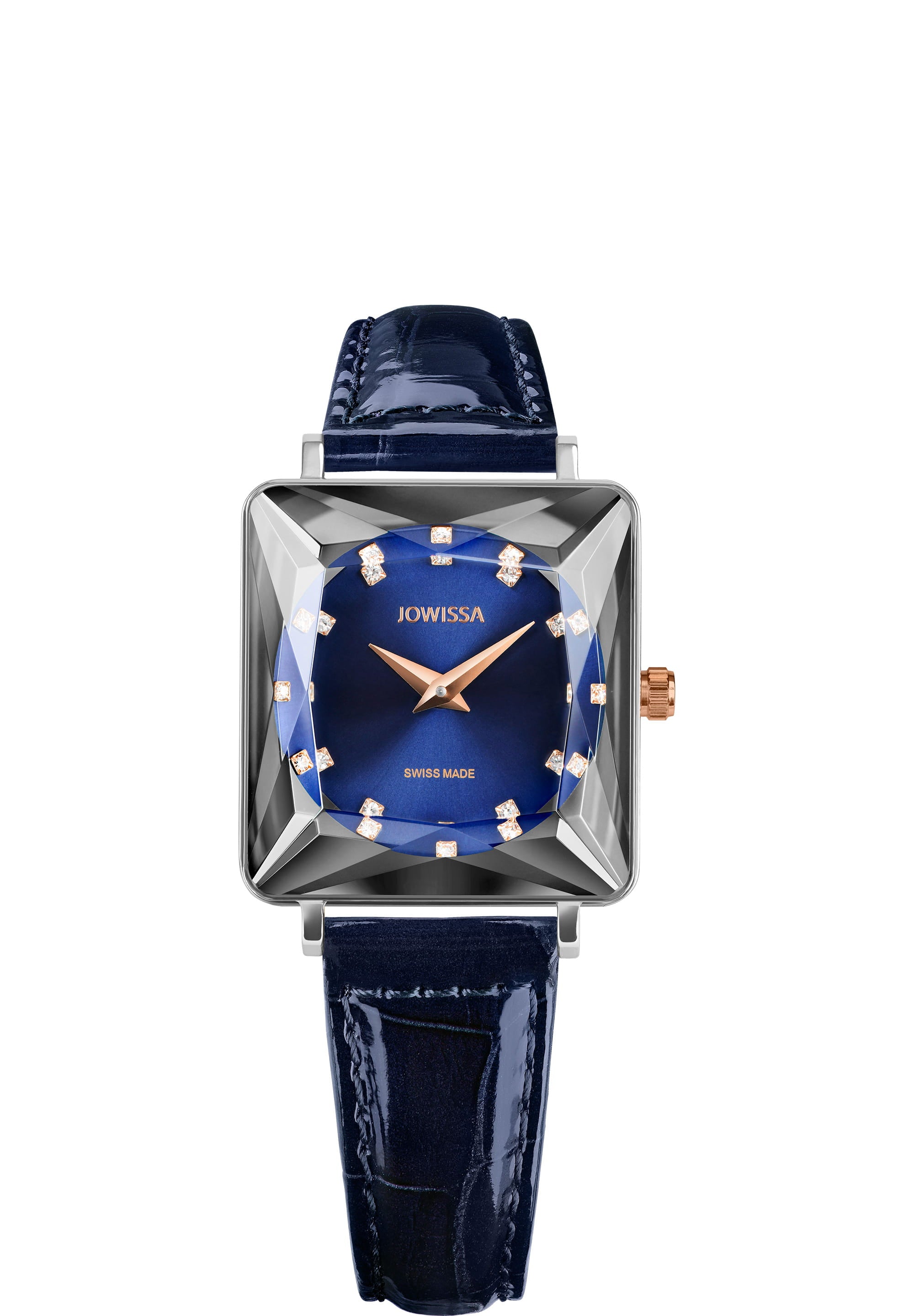 Facet Princess Swiss Ladies Watch J8.783.M featuring a blue round dial, stainless steel case, and glossy leather strap, showcasing elegance and luxury.