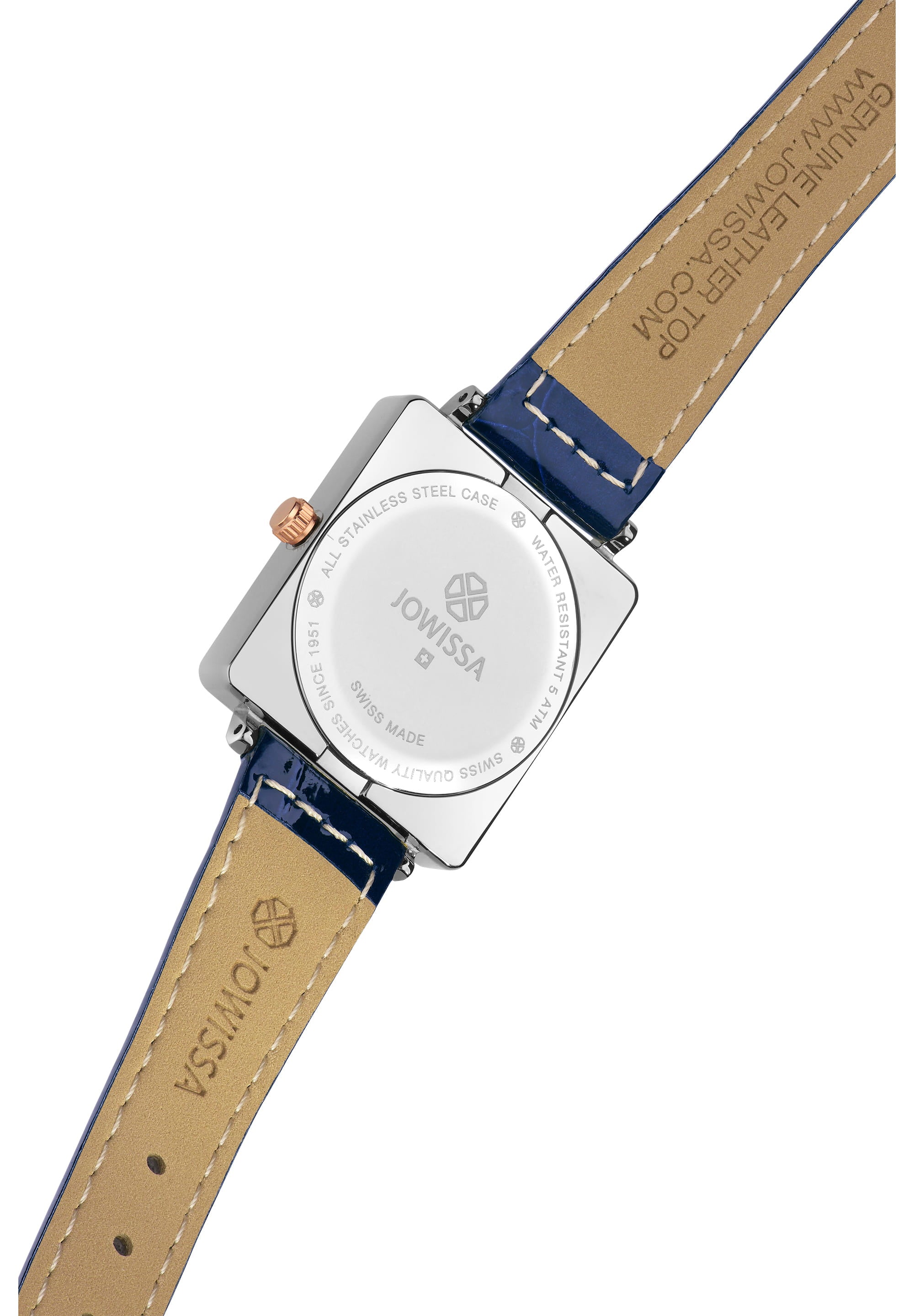 Facet Princess Swiss Ladies Watch J8.783.M featuring a blue round dial, stainless steel case, and glossy leather strap, showcasing elegance and luxury.