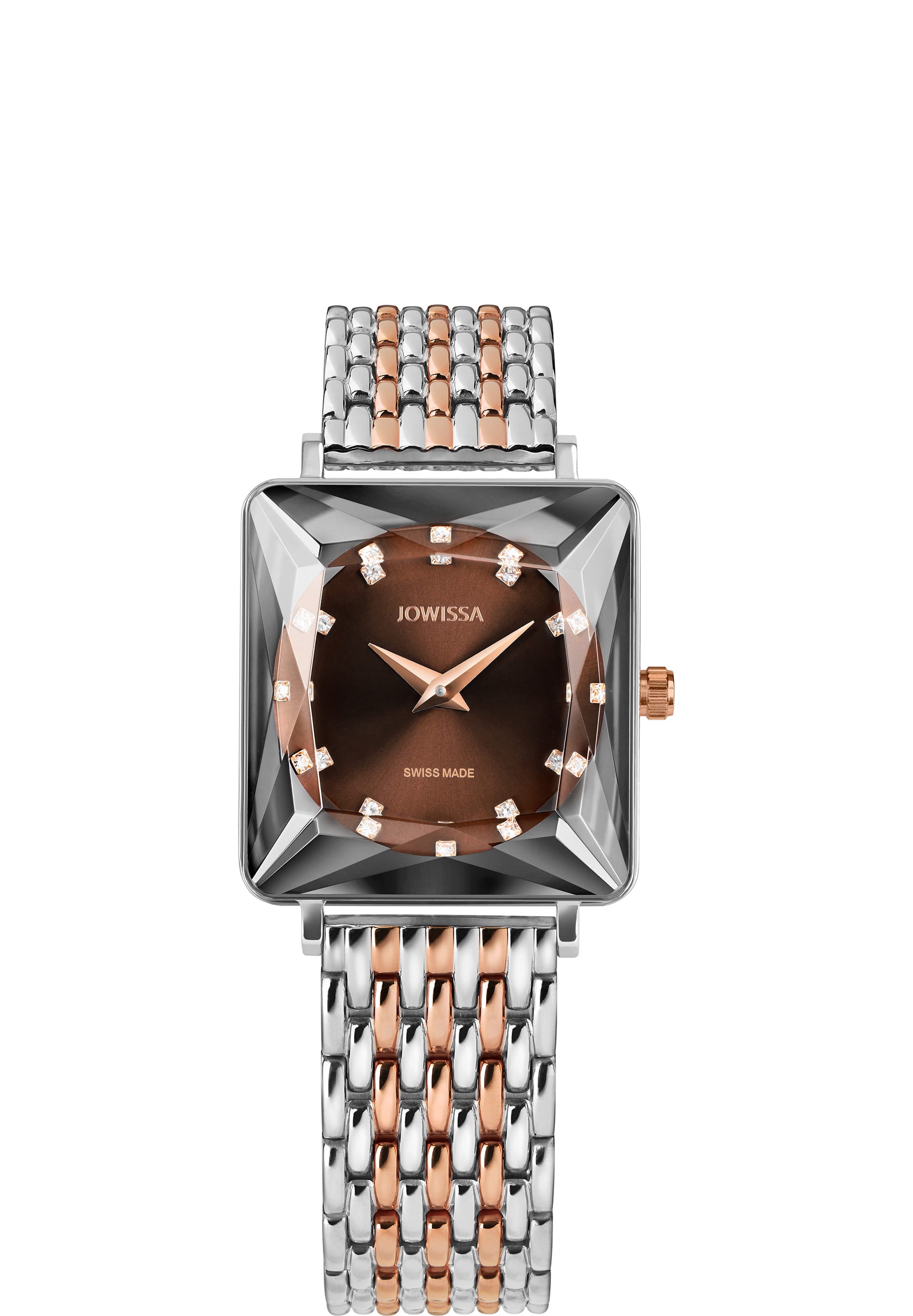 Facet Princess Swiss Ladies Watch J8.779.M featuring a chic brown dial with rhinestones and a two-tone rose gold and silver stainless steel bracelet.