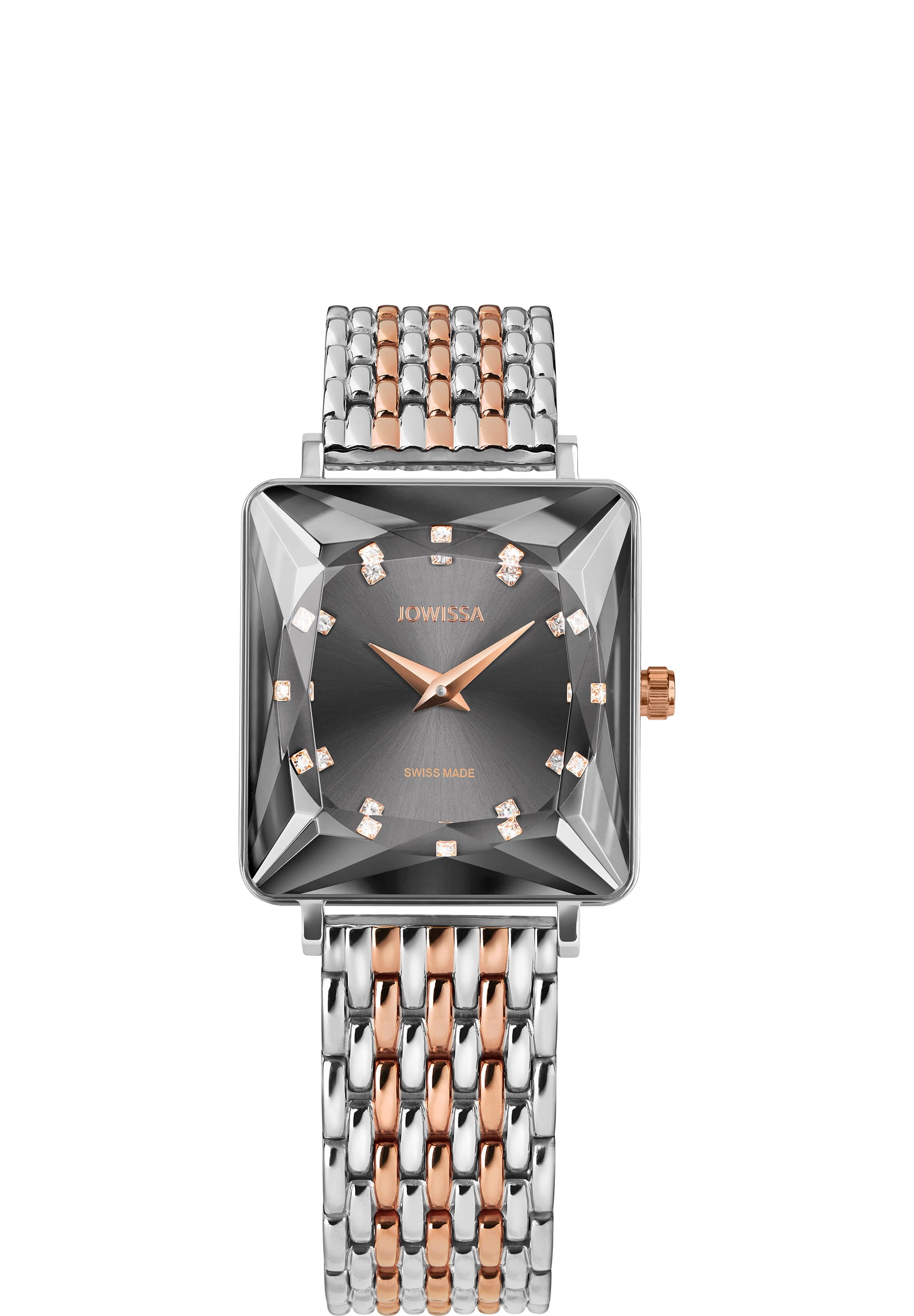 Facet Princess Swiss Ladies Watch J8.777.M featuring a rectangular case, grey dial with rhinestones, and a bicolor rose-gold and silver bracelet.