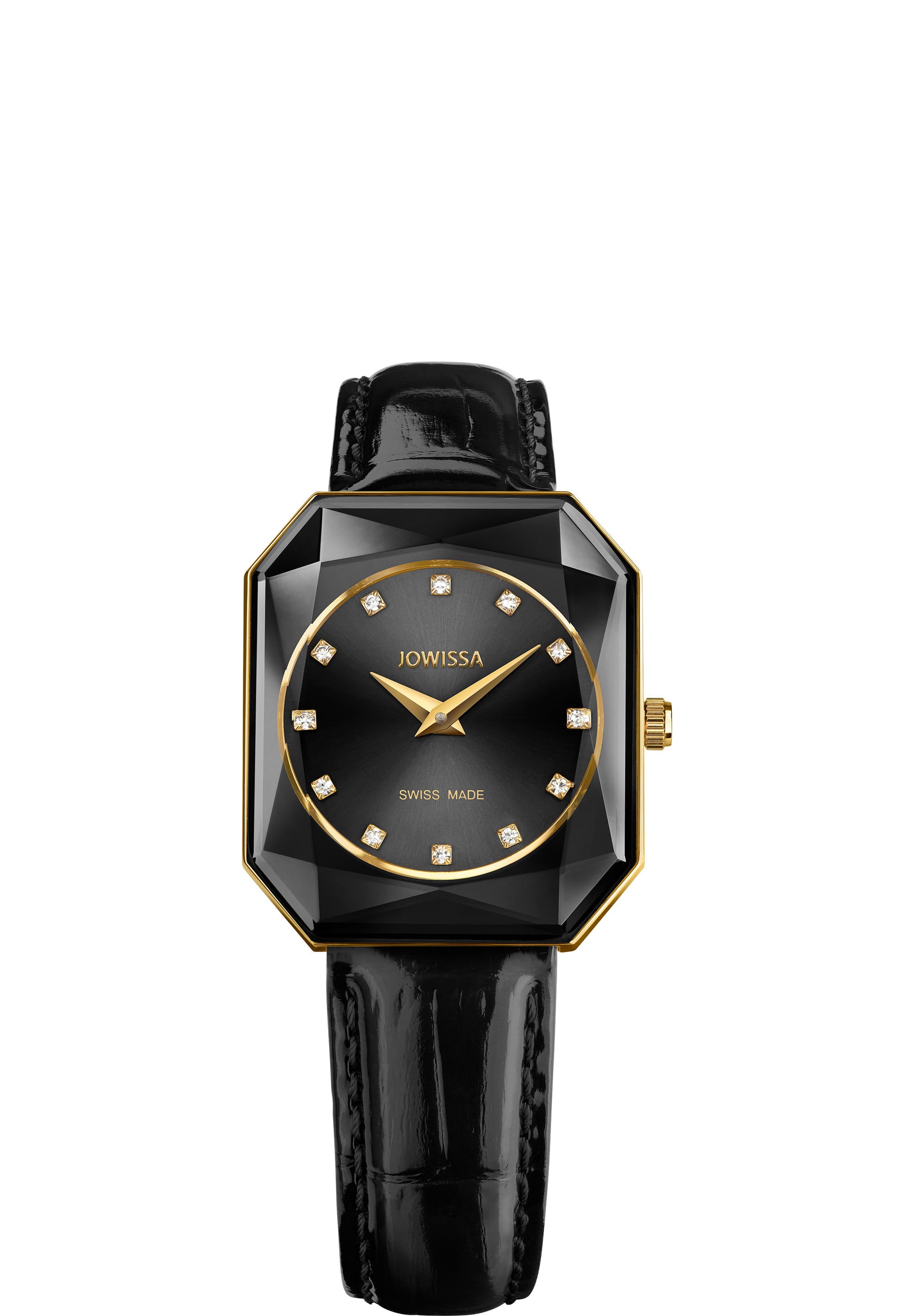 Facet Radiant Swiss Ladies Watch J8.072.M featuring a black dial, gold-plated stainless steel case, and alligator-embossed leather strap.